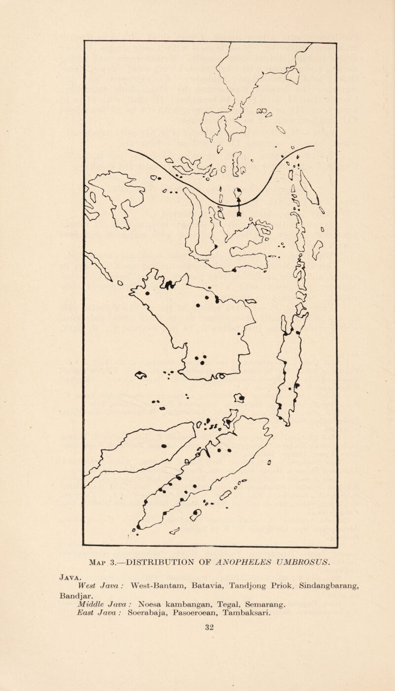 Java. West Java : West-Bantam, Batavia, Tandjong Priok, Sindangbarang, Band jar. Middle Java : Noesa kambangan, Tegal, Semarang. East Java : Soerabaja, Pasoeroean, Tambaksari.