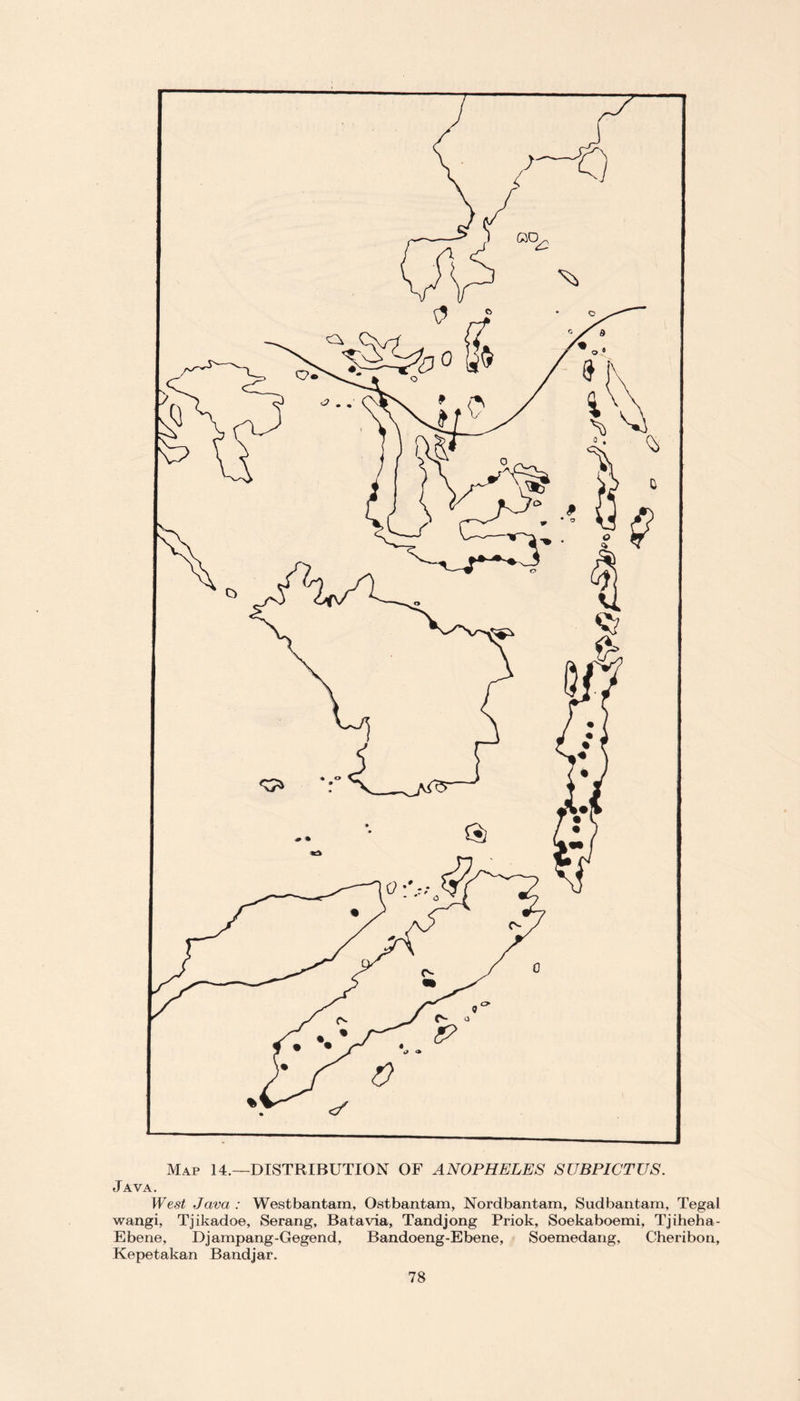 Java. West Java : Westbantam, Ostbantam, Nordbantam, Sudbantam, Tegal wangi, Tjikadoe, Serang, Batavia, Tandjong Priok, Soekaboemi, Tjiheha- Ebene, Djampang-Gegend, Bandoeng-Ebene, Soemedang, Cheribon, Kepetakan Band jar.