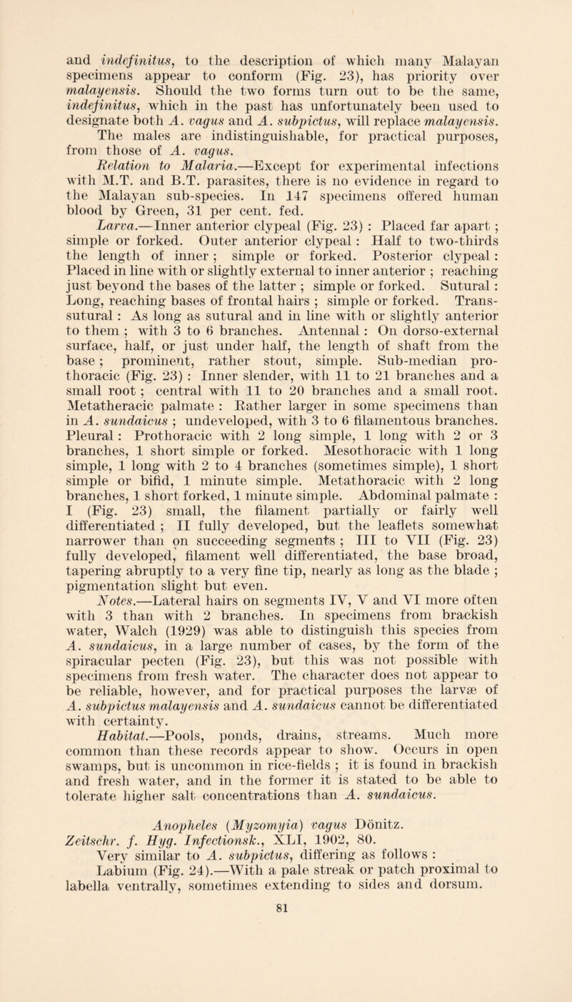 and indefinitus, to the description of which many Malayan specimens appear to conform (Fig. 23), has priority over malayensis. Should the two forms turn out to be the same, indefinitus, which in the past has unfortunately been used to designate both A. vagus and A. subpictus, will replace malayensis. The males are indistinguishable, for practical purposes, from those of A. vagus. Relation to Malaria.—Except for experimental infections with M.T. and B.T. parasites, there is no evidence in regard to the Malayan sub-species. In 147 specimens offered human blood by Green, 31 per cent. fed. Larva.—Inner anterior clypeal (Fig. 23) : Placed far apart ; simple or forked. Outer anterior clypeal: Half to two-thirds the length of inner; simple or forked. Posterior clypeal: Placed in line with or slightly external to inner anterior ; reaching just beyond the bases of the latter ; simple or forked. Sutural: Long, reaching bases of frontal hairs ; simple or forked. Trans- sutural: As long as sutural and in line with or slightly anterior to them ; with 3 to 6 branches. Antennal: On dorso-external surface, half, or just under half, the length of shaft from the base; prominent, rather stout, simple. Sub-median pro- thoracic (Fig. 23) : Inner slender, with 11 to 21 branches and a small root; central with 11 to 20 branches and a small root. Metatheracic palmate : Father larger in some specimens than in A. sundaicus ; undeveloped, with 3 to 6 filamentous branches. Pleural: Prothoracic with 2 long simple, 1 long with 2 or 3 branches, 1 short simple or forked. Mesothoracic with 1 long simple, 1 long with 2 to 4 branches (sometimes simple), 1 short simple or bifid, 1 minute simple. Metathoracic with 2 long branches, 1 short forked, 1 minute simple. Abdominal palmate : I (Fig. 23) small, the filament partially or fairly well differentiated ; II fully developed, but the leaflets somewhat narrower than on succeeding segments ; III to YII (Fig. 23) fully developed, filament well differentiated, the base broad, tapering abruptly to a very fine tip, nearly as long as the blade ; pigmentation slight but even. Notes.—Lateral hairs on segments IV, V and VI more often with 3 than with 2 branches. In specimens from brackish water, Walch (1929) was able to distinguish this species from A. sundaicus, in a large number of cases, by the form of the spiracular pecten (Fig. 23), but this was not possible with specimens from fresh water. The character does not appear to be reliable, however, and for practical purposes the larvae of A. subpictus malayensis and A. sundaicus cannot be differentiated with certainty. Habitat.—Pools, ponds, drains, streams. Much more common than these records appear to show. Occurs in open swamps, but is uncommon in rice-fields ; it is found in brackish and fresh water, and in the former it is stated to be able to tolerate higher salt concentrations than A. sundaicus. Anopheles (Myzomyia) vagus Donitz. Zeitschr. f. Hyg. Infections&., XLI, 1902, 80. Very similar to A. subpictus, differing as follows : Labium (Fig. 24).—With a pale streak or patch proximal to labella ventrally, sometimes extending to sides and dorsum.