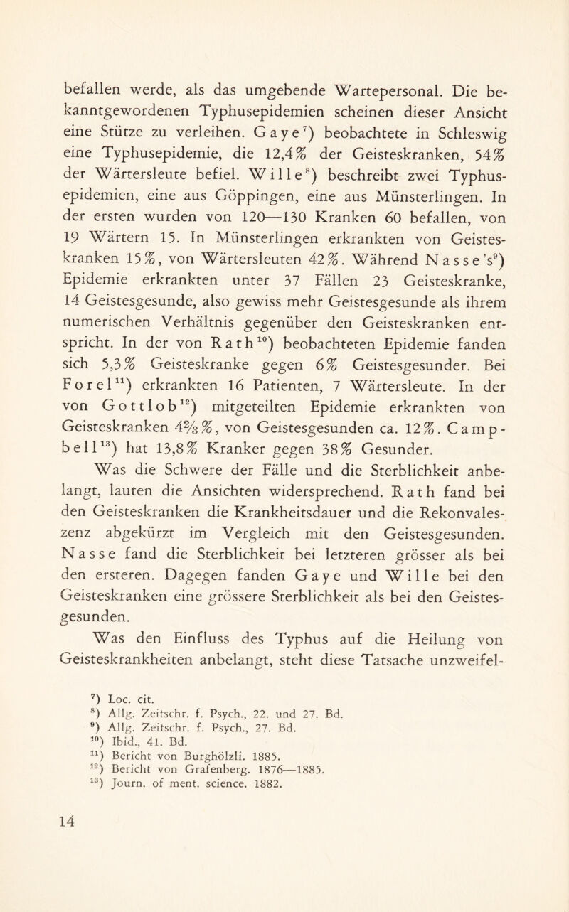 befallen werde, als das umgebende Wartepersonal. Die be¬ kanntgewordenen Typhusepidemien scheinen dieser Ansicht eine Stütze zu verleihen. Gaye7) beobachtete in Schleswig eine Typhusepidemie, die 12,4% der Geisteskranken, 54% der Wärtersleute befiel. Wille8) beschreibt zwei Typhus¬ epidemien, eine aus Göppingen, eine aus Münsterlingen. In der ersten wurden von 120—130 Kranken 60 befallen, von 19 Wärtern 15. In Münsterlingen erkrankten von Geistes¬ kranken 15%, von Wärtersleuten 42%. Während Nasse’s9) Epidemie erkrankten unter 37 Fällen 23 Geisteskranke, 14 Geistesgesunde, also gewiss mehr Geistesgesunde als ihrem numerischen Verhältnis gegenüber den Geisteskranken ent¬ spricht. In der von Rath10) beobachteten Epidemie fanden sich 5,3% Geisteskranke gegen 6% Geistesgesunder. Bei Forel11) erkrankten 16 Patienten, 7 Wärtersleute. In der von Gottlob12) mitgeteiiten Epidemie erkrankten von Geisteskranken 4%%, von Geistesgesunden ca. 12%. Camp¬ bell13) hat 13,8% Kranker gegen 38% Gesunder. Was die Schwere der Fälle und die Sterblichkeit anbe¬ langt, lauten die Ansichten widersprechend. Rath fand bei den Geisteskranken die Krankheitsdauer und die Rekonvales¬ zenz abgekürzt im Vergleich mit den Geistesgesunden. Nasse fand die Sterblichkeit bei letzteren grösser als bei den ersteren. Dagegen fanden Gaye und Wille bei den Geisteskranken eine grössere Sterblichkeit als bei den Geistes¬ gesunden. Was den Einfluss des Typhus auf die Heilung von Geisteskrankheiten anbelangt, steht diese Tatsache unzweifel- 7) Loc. cit. 8) Allg. Zeitschr. f. Psych., 22. und 27. Bd. 9) Allg. Zeitschr. f. Psych., 27. Bd. 10) Ibid, 41. Bd. 11) Bericht von Burghölzli. 1885. 12) Bericht von Grafenberg. 1876—1885. 13) Journ. of ment. Science. 1882.