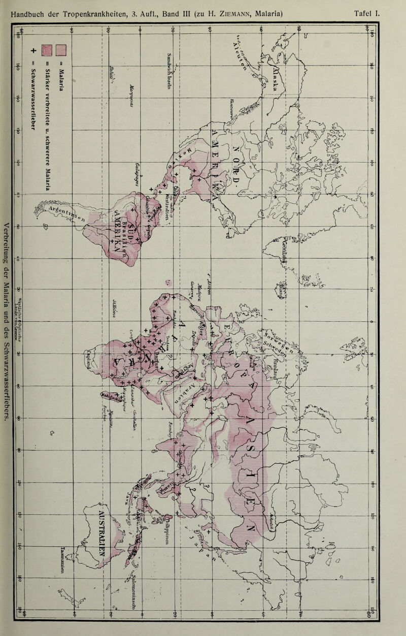 Verbreitung der Malaria und des Schwarzwasserfiebers.