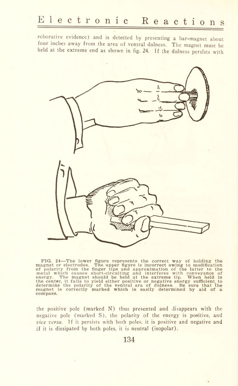 R 1 e c t ronic Reactions roborative evidence) and is detected by presenting a bar-magnet about four inches away from the area of ventral dulness. The magnet must be held at the extreme end as shown in fig. 24. If the dulness persists with FIG. 24—The lower figure represents the correct way of holding the magnet or electrodes. The upper figure is incorrect owing to modification of polarity from the finger tips and approximation of the latter to the mefal which causes short-circuiting and interferes with conveyance of energy. The magnet should be held at the extreme tip. When held in the center, it fails to yield either positive or negative energy sufficient to determine the polarity of the ventral ara of dulness. Be sure that the magnet is correctly marked which is easily determined by aid of a compass. the positive pole (marked N) thus presented and disappears with the negative pole (marked S), the polarity of the energy is positive, and vice versa. 1 f it persists with both poles, it is positive and negative and if it is dissipated by both poles, it is neutral (isopolar).