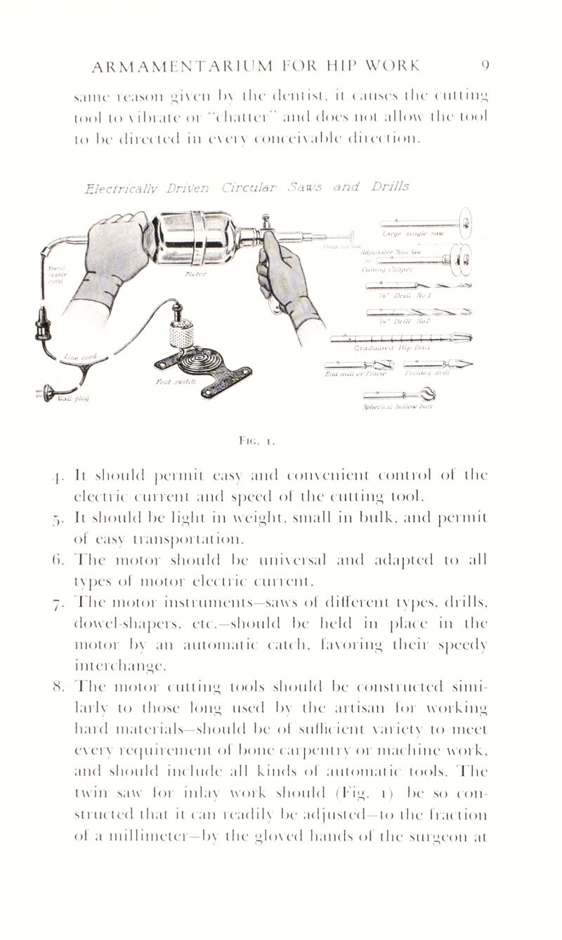 same reason given l>\ the dentist, it causes the ( titling tool to \ iIn ate 01 c hat ter and does not a I low the tool to he directed in c\er\ coneeivable direction. |. It should permit eas\ and convenient control ol the elect tic current and speed ol the cutting tool. It should he light in weight, small in hulk, and permit ol eas\ transportation. (>. The motor should he universal and adapted to till types ol motor electric current. The motor instruments—saws ol diUcrent types, drills, dowel-shapers, etc.—should he held in place in the motor hv an automatic' catch, hooting their speedy interchange. (S. The motoi cutting tools should he constructed sitni larlv to those long used hv the artisan lot working hard materials—should he ol sullic ient variety to meet evet \ t c'<piirentetit ol hone carpentry or machine work, and should include all kinds ol automatic tools. The twin saw lot inlay work should (log. t) he so con stt tic ted that it c an readily he adjlisted—to the Iraclinn ol a millimeter—1>\ the gloved hands ol the surgeon at