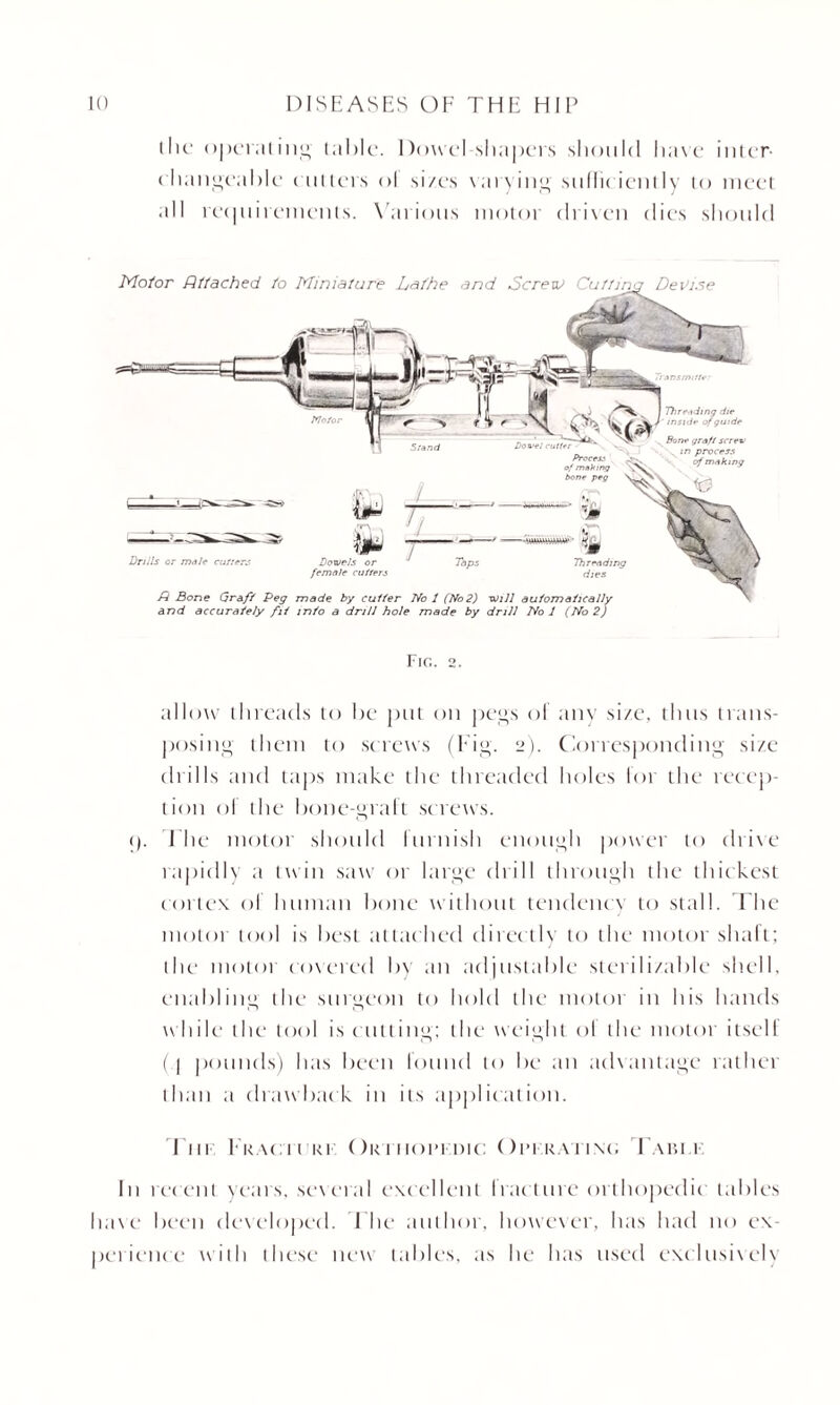 the operatin'*' table. Dowel shapers should have inter¬ changeable ( inters <>l sizes varying sudicicntly to meet all rec111itenients. Various motor driven dies should Motor Attached to Miniature Lathe and Screw Cuttino Dense Threading die inside of guide fi Bone Graff Peg made by cuffer No 1 (No2) tv;7/ aufomafically and accurately fii info a drill hole made by drill No 1 (No 2) ,‘ju, Jowe/s or female differs Bone graft screw . in process of making of making bone peg Threading Fig. 2. allow threads to be put on pegs of any si/e, thus trans¬ posing them to screws (Fig. 2). Corresponding si/e drills and taps make the threaded holes for the recep¬ tion ol the bone-graft screws. (). idle motor should furnish enough power to drive rapidly a twin saw or large drill through the thickest cortex ol human bone without tendenev to stall. I hc motor tool is best attached directly to the motor shalt; the motor covered by <111 adjustable sterili/.able shell, enabling the surgeon to hold the motor in his hands while the tool is c utting; the weight ol the motor itsell ( j pounds) has been found to be an advantage rather than a drawback in its application. Tin Fraciirk Ortiioim me Opfratim; Tabli: In recent years, several excellent Iracture orthopedic tables have been developed. 1 lie author, however, has had no ex¬ perience with these new tables, as he has used exclusive!)