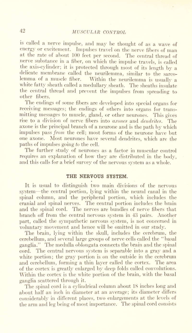 is called a nerve impulse, and may he thought of as a wave of energy or excitement. Impulses travel on the nerve fibers of man at the rate of about 100 feet per second. The central thread of nerve substance in a fiber, on which the impulse travels, is called the axis-cylinder; it is protected through most of its length by a delicate membrane called the neurilemma, similar to the sarco- lemma of a muscle fiber. \\ ithin the neurilemma is usually a white fatty sheath called a medullary sheath. The sheaths insulate the central thread and prevent the impulses from spreading to other fibers. The endings of some fibers are developed into special organs for receiving messages; the endings of others into organs for trans¬ mitting messages to muscle, gland, or other neurones. This gives rise to a division of nerve fibers into axones and dendrites. The axone is the principal branch of a neurone and is the path by which impulses pass from the cell; most forms of the neurone have but one axone. Most neurones have several dendrites, which are the paths of impulses going to the cell. The further study of neurones as a factor in muscular control requires an explanation of how they are distributed in the body, and this calls for a brief survey of the nervous system as a whole. THE NERVOUS SYSTEM. It is usual to distinguish two main divisions of the nervous system—the central portion, lying within the neural canal in the spinal column, and the peripheral portion, which includes the cranial and spinal nerves. The central portion includes the brain and the spinal cord. The nerves are bundles of nerve fibers that branch off from the central nervous system in 43 pairs. Another part, called the sympathetic nervous system, is not concerned in voluntary movement and hence will be omitted in our study. The brain, lying within the skull, includes the cerebrum, the cerebellum, and several large groups of nerve cells called the “basal ganglia.” The medulla oblongata connects the brain and the spinal cord. The central nervous system is separable inti) a gray and a white portion; the gray portion is on the outside in the cerebrum and cerebellum, forming a thin layer called the cortex. The area of the cortex is greatly enlarged by deep folds called convolutions. Within the cortex is the white portion of the brain, with the basal ganglia scattered through it. The spinal cord is a cylindrical column about IS inches long and about half an inch in diameter at an average; its diameter differs considerably in different places, two enlargements at the levels of the arm and leg being of most importance. The spinal cord consists