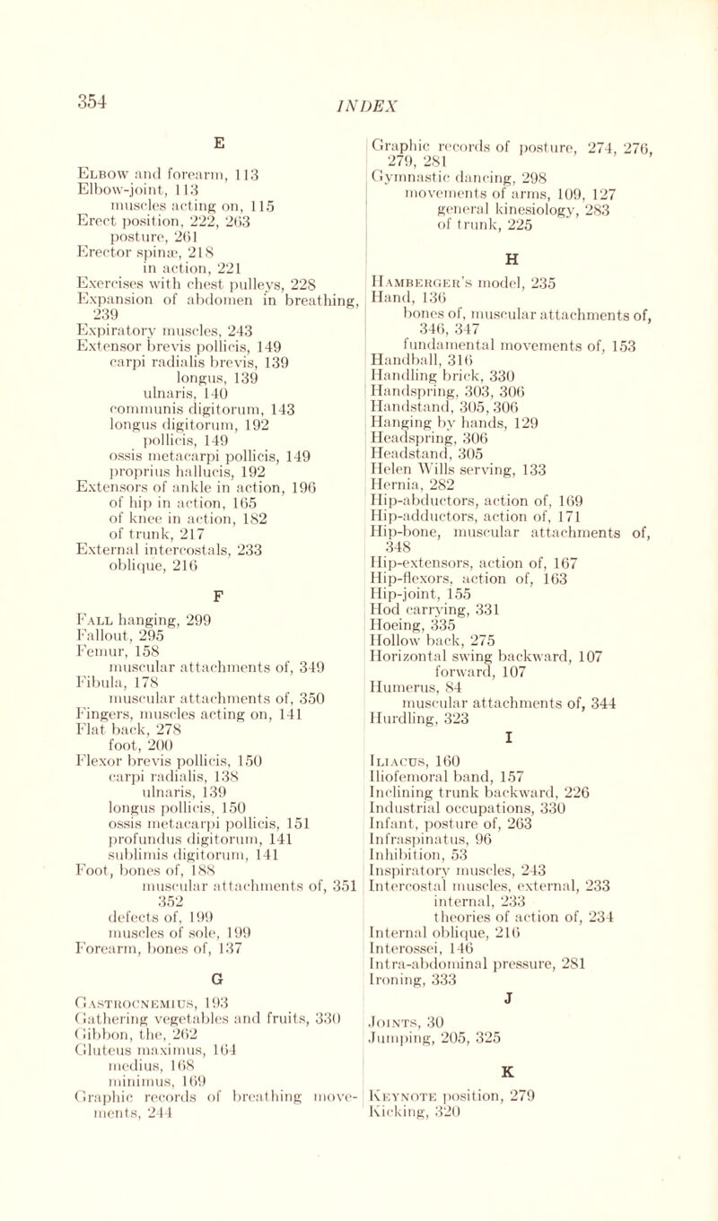 E Elbow and forearm, 113 Elbow-joint, 113 muscles acting on, 115 Erect position, 222, 263 posture, 261 Erector spina?, 218 in action, 221 Exercises with chest pulleys, 228 Expansion of abdomen in breathing, 239 Expiratory muscles, 243 Extensor brevis pollicis, 149 carpi radialis brevis, 139 longus, 139 ulnaris, 140 communis digitorum, 143 longus digitorum, 192 pollicis, 149 ossis metacarpi pollicis, 149 proprius hallucis, 192 Extensors of ankle in action, 196 of hip in action, 165 of knee in action, 182 of trunk, 217 External intercostals, 233 oblique, 216 F Fall hanging, 299 Fallout, 295 Femur, 158 muscular attachments of, 349 Fibula, 178 muscular attachments of, 350 Fingers, muscles acting on, 141 Flat back, 278 foot, 200 Flexor brevis pollicis, 150 carpi radialis, 138 ulnaris, 139 longus pollicis, 150 ossis metacarpi pollicis, 151 profundus digitorum, 141 sublimis digitorum, 141 Foot, bones of, 188 muscular attachments of, 351 352 defects of, 199 muscles of sole, 199 Forearm, bones of, 137 G Gastrocnemius, 193 Gathering vegetables and fruits, 330 (libbon, the, 262 Gluteus maximus, 164 medius, 168 minimus, 169 Graphic records of breathing move¬ ments, 244 Graphic records of posture, 274, 276, ( 279, 281 Gymnastic dancing, 298 movements of arms, 109, 127 general kinesiology, 283 of trunk, 225 H Hamberger's model, 235 Hand, 136 bones of, muscular attachments of, 346, 347 fundamental movements of, 153 Handball, 316 Handling brick, 330 Handspring, 303, 306 Handstand, 305, 306 Hanging by hands, 129 Headspring, 306 Headstand, 305 Helen Wills serving, 133 Hernia, 282 Hip-abductors, action of, 169 Hip-adductors, action of, 171 Hip-bone, muscular attachments of, 348 Hip-extensors, action of, 167 Hip-flexors, action of, 163 Hip-joint, 155 Hod carrying, 331 Hoeing, 335 Hollow back, 275 Horizontal swing backward, 107 forward, 107 Humerus, 84 muscular attachments of, 344 Hurdling, 323 I Iliacus, 160 Iliofemoral band, 157 Inclining trunk backward, 226 Industrial occupations, 330 Infant, posture of, 263 Infraspinatus, 96 Inhibition, 53 Inspiratory muscles, 243 Intercostal muscles, external, 233 internal, 233 theories of action of, 234 Internal oblique, 216 Interossei, 146 Intra-abdominal pressure, 281 Ironing, 333 J Joints, 30 Jumping, 205, 325 K Keynote position, 279 Kicking, 320