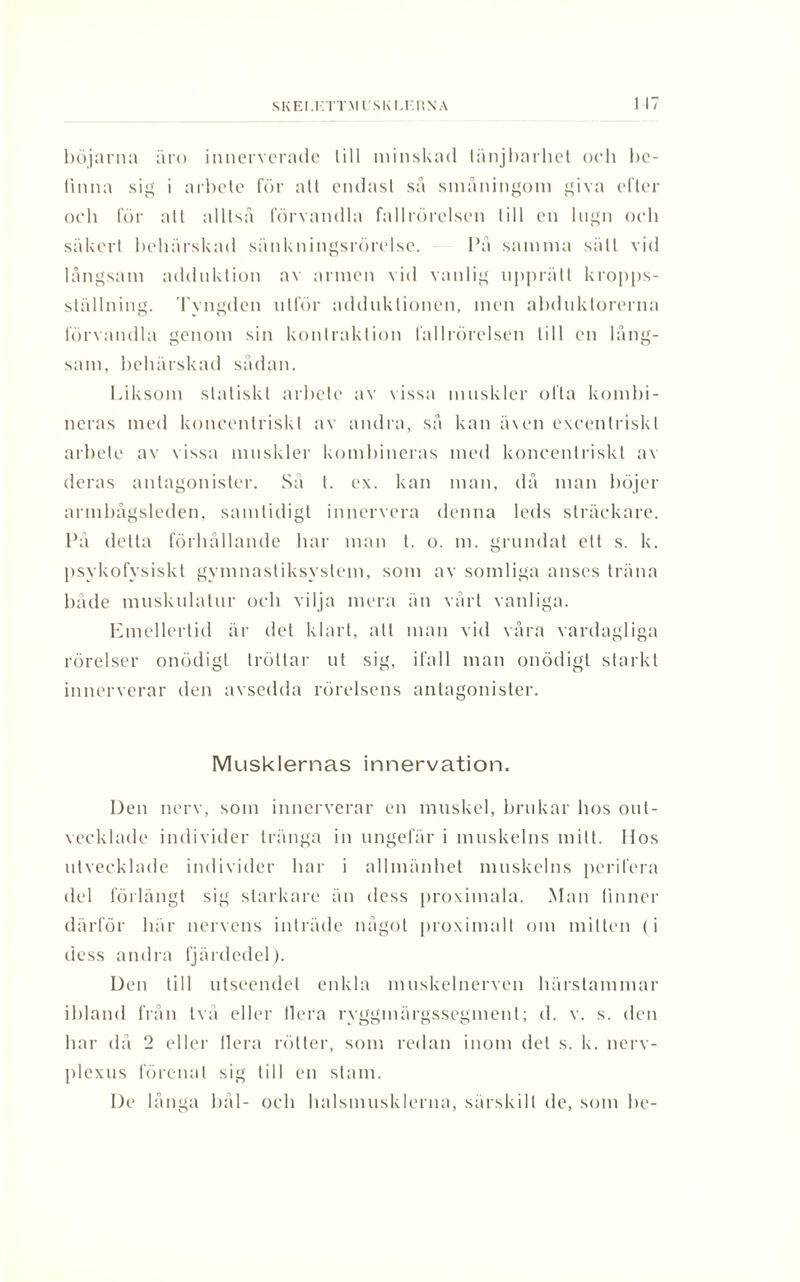 bojarna äro innervcrade lill minskad tänjbarhet och be- finna sig i arbete för att endast så småningom giva efter och för all alltså förvandla fallrörelsen till en lugn och säkert behärskad sänkningsrörelse. På samma sätt vid långsam adduktion av armen vid vanlig upprätt kropps¬ ställning. Tyngden utför adduktionen, men abduktorerna förvandla genom sin kontraktion fallrörelsen lill en lång¬ sam, behärskad sådan. Liksom statiskt arbete av vissa muskler ofta kombi¬ neras med koncentriskt av andra, så kan även excentriskt arbete av vissa muskler kombineras med koncentriskt av deras antagonister. Så t. ex. kan man, då man böjer armbågsleden, samtidigt innervera denna leds sträckare. På detta förhållande har man t. o. m. grundat ett s. k. psvkofvsiskt gymnastiksyslem, som av somliga anses träna både muskulatur och vilja mera än vårt vanliga. Emellertid är det klart, att man vid våra vardagliga rörelser onödigt tröttar ut sig, ifall man onödigt starkt innerverar den avsedda rörelsens antagonister. Musklernas innervation. Den nerv, som innerverar en muskel, brukar hos out¬ vecklade individer tränga in ungefär i muskelns mitt. Hos utvecklade individer har i allmänhet muskelns perilera del förlängt sig starkare än dess proximala. Man finner därför här nervens inträde något proximall om mitten (i dess andra fjärdedel). Den till utseendet enkla muskelnerven härstammar ibland från två eller Ilera rvggmärgssegment; d. v. s. den har då 2 eller (lera rötter, som redan inom del s. k. nerv- plexus förenat sig lill en stam. De långa bål- och halsmusklerna, särskilt de, som be-