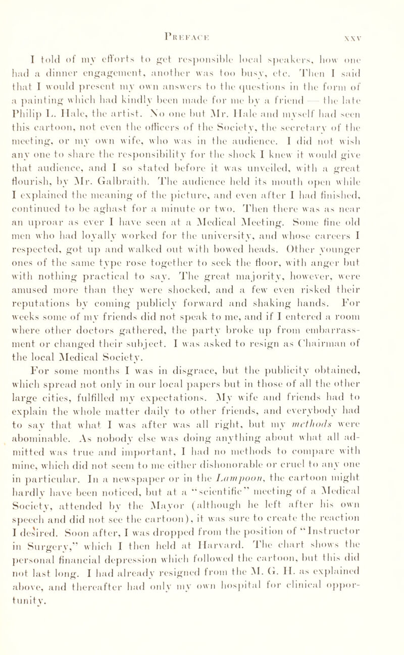 Pit l '.l 'ACK XXV I told of my efforts to get responsible loeal speakers, bow one had a dinner engagement, another was too busy, etc. 'Then 1 said that I would present my own answers to the questions in the form of a painting which had kindly been made for me by a friend the late Philip 1.. 11 ale, the artist. No one but Mr. Hale and mvself had seen this cartoon, not even the officers of the Society, the secretary of the meeting, or my own wife, who was in the audience. 1 did not wish any one to share the responsibility for the shock I knew it would give that audience, and I so stated before it was unveiled, with a great flourish, by Mr. Galbraith. The audience held its mouth open while I explained the meaning of the picture, and even after 1 had finished, continued to be aghast for a minute or two. Then there was as near an uproar as ever I have seen at a Medical Meeting. Some fine old men who had loyally worked for the university, and whose careers I respected, got up and walked out with bowed heads. Other younger ones of the same type rose together to seek the floor, with anger but with nothing practical to say. The great majority, however, were amused more than they were shocked, and a few even risked their reputations by coming publicly forward and shaking hands. For weeks some of my friends did not speak to me, and if I entered a room where other doctors gathered, the party broke up from embarrass¬ ment or changed their subject. I was asked to resign as Chairman of the local Medical Society. For some months I was in disgrace, but the publicity obtained, which spread not only in our local papers but in those of all the other large cities, fulfilled my expectations. My wife and friends had to explain the whole matter daily to other friends, and everybody had to sav that what 1 was after was all right, but my methods were abominable. As nobody else was doing anything about what all ad¬ mitted was true and important, I had no methods to compare with mine, which did not seem to me either dishonorable or cruel to any one in particular. In a newspaper or in the Lampoon, flic cartoon might hardly have been noticed, but at a “scientific meeting of a Medical Society, attended by the Mayor (although he left after his own speech and did not see the cartoon), it was sure to create the reaction I desired. Soon after, I was dropped from the position of ‘ Instructor m Surgery,” which I then held at Harvard. I he chart shows the ( j « ' personal financial depression which followed the cartoon, but tins did not last long. I bad already resigned from the M. («. II. as explained above, and thereafter had only my own hospital tor clinical oppor¬ tunity.
