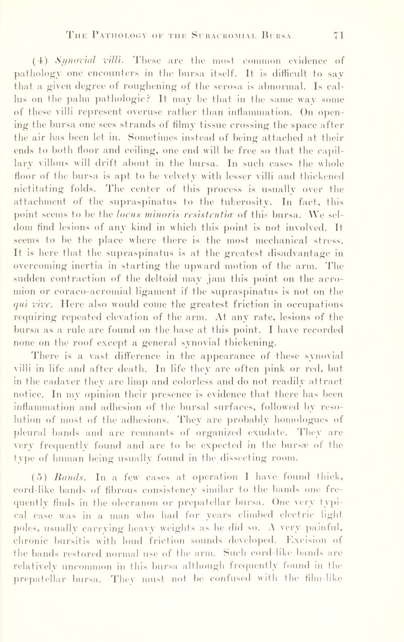 (4) Si/novicd villi. These arc the most common evidence of pathology one encounters in the bursa itself. It is difficult to say that a given degree of roughening of the serosa is abnormal. Is cal¬ lus on the palm pathologic? II may be that in the same way some of these villi represent overuse rather than inflammation. On open¬ ing the bursa one sees strands of filmy tissue crossing the space after the air has been let in. Sometimes instead of being attached at their ends to both floor and ceiling, one end will be free so that the capi 1 - lary villous will drift about in the bursa. In such cases the whole floor of the bursa is apt to be velvety with lesser villi and thickened nictitating folds. The center of this process is usually over the attachment of the supraspinatus to the tuberosity. In fact, this point seems to be the locus minoris resistentia’ of this bursa. We sel¬ dom find lesions of any kind in which this point is not involved. It seems to be the place where there is the most mechanical stress. It is here that the supraspinatus is at the greatest disadvantage in overcoming inertia in starting the upward motion of the arm. The sudden contraction of the deltoid may jam this point on the acro¬ mion or coraco-acromial ligament if the supraspinatus is not on the qui vivc. Here also would come the greatest friction in occupations requiring repeated elevation of the arm. At any rate, lesions of the bursa as a rule arc found on the base at this point. I have recorded none on the roof except a general synovial thickening. There is a vast difference in the appearance of these synovial villi in life and after death. In life they arc often pink or red, but in the cadaver they are limp and colorless and do not readily attract notice. In my opinion their presence is evidence that there has been inflammation and adhesion of the bursal surfaces, followed by reso¬ lution of most of the adhesions. They are probably homologues of pleural bands and are remnants of organized exudate. They arc very frequently found and are to be expected in the bursa' of the type of human being usually found in the dissecting room. (o) Bunds. In a few cases at operation I have found thick, cord like bands of fibrous consistency similar to the bands one fre¬ quently finds in the olecranon or prepatellar bursa. One very typi¬ cal case was in a man who had for years climbed electric light poles, usually carrying heavy weights as he did so. A very painful, chronic bursitis with loud friction sounds developed. Kxeision of the bands restored normal use of the arm. Such cord-like bands are relatively uncommon in this bursa although frequently found in the prepatellar bursa. They must not be confused with the film like