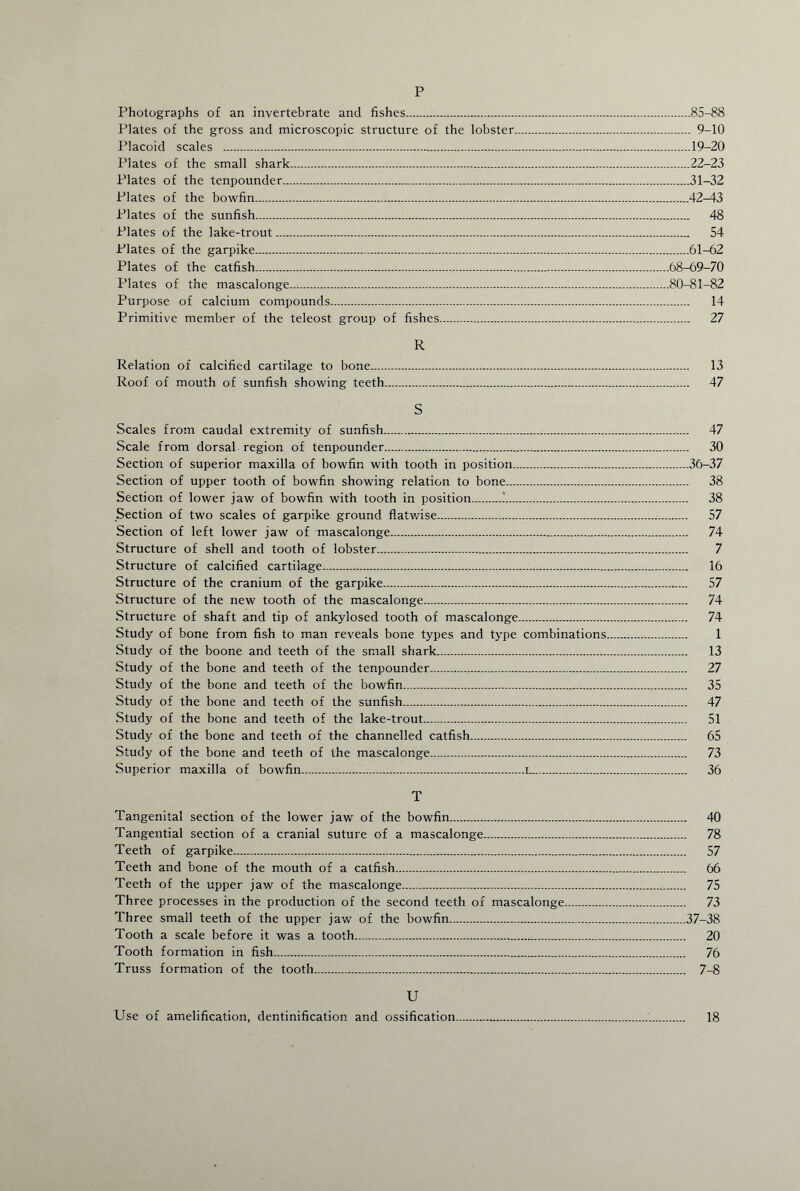 p Photographs of an invertebrate and fishes.85-88 Plates of the gross and microscopic structure of the lobster. 9-10 Placoid scales .19-20 Plates of the small shark.22-23 Plates of the tenpounder.31-32 Plates of the bowfin.42-43 Plates of the sunfish. 48 Plates of the lake-trout. 54 Plates of the garpike. 61-62 Plates of the catfish....68-69-70 Plates of the mascalonge.80-81-82 Purpose of calcium compounds. 14 Primitive member of the teleost group of fishes. 27 R Relation of calcified cartilage to bone. 13 Roof of mouth of sunfish showing teeth. 47 S Scales from caudal extremity of sunfish... 47 Scale from dorsal region of tenpounder. 30 Section of superior maxilla of bowfin with tooth in position.36-37 Section of upper tooth of bowfin showing relation to bone. 38 Section of lower jaw of bowfin with tooth in position.. 38 Section of two scales of garpike ground flatwise. 57 Section of left lower jaw of mascalonge. 74 Structure of shell and tooth of lobster. 7 Structure of calcified cartilage. 16 Structure of the cranium of the garpike. 57 Structure of the new tooth of the mascalonge.... 74 Structure of shaft and tip of ankylosed tooth of mascalonge. 74 Study of bone from fish to man reveals bone types and type combinations. 1 Study of the boone and teeth of the small shark. 13 Study of the bone and teeth of the tenpounder. 27 Study of the bone and teeth of the bowfin. 35 Study of the bone and teeth of the sunfish. 47 Study of the bone and teeth of the lake-trout. 51 Study of the bone and teeth of the channelled catfish. 65 Study of the bone and teeth of the mascalonge. 73 Superior maxilla of bowfin...l. 36 T Tangenital section of the lower jaw of the bowfin. 40 Tangential section of a cranial suture of a mascalonge. 78 Teeth of garpike. 57 Teeth and bone of the mouth of a catfish. 66 Teeth of the upper jaw of the mascalonge. 75 Three processes in the production of the second teeth of mascalonge. 73 Three small teeth of the upper jaw of the bowfin.37-38 Tooth a scale before it was a tooth. 20 Tooth formation in fish. 76 Truss formation of the tooth... 7-8 U Use of amelification, dentinification and ossification.. 18