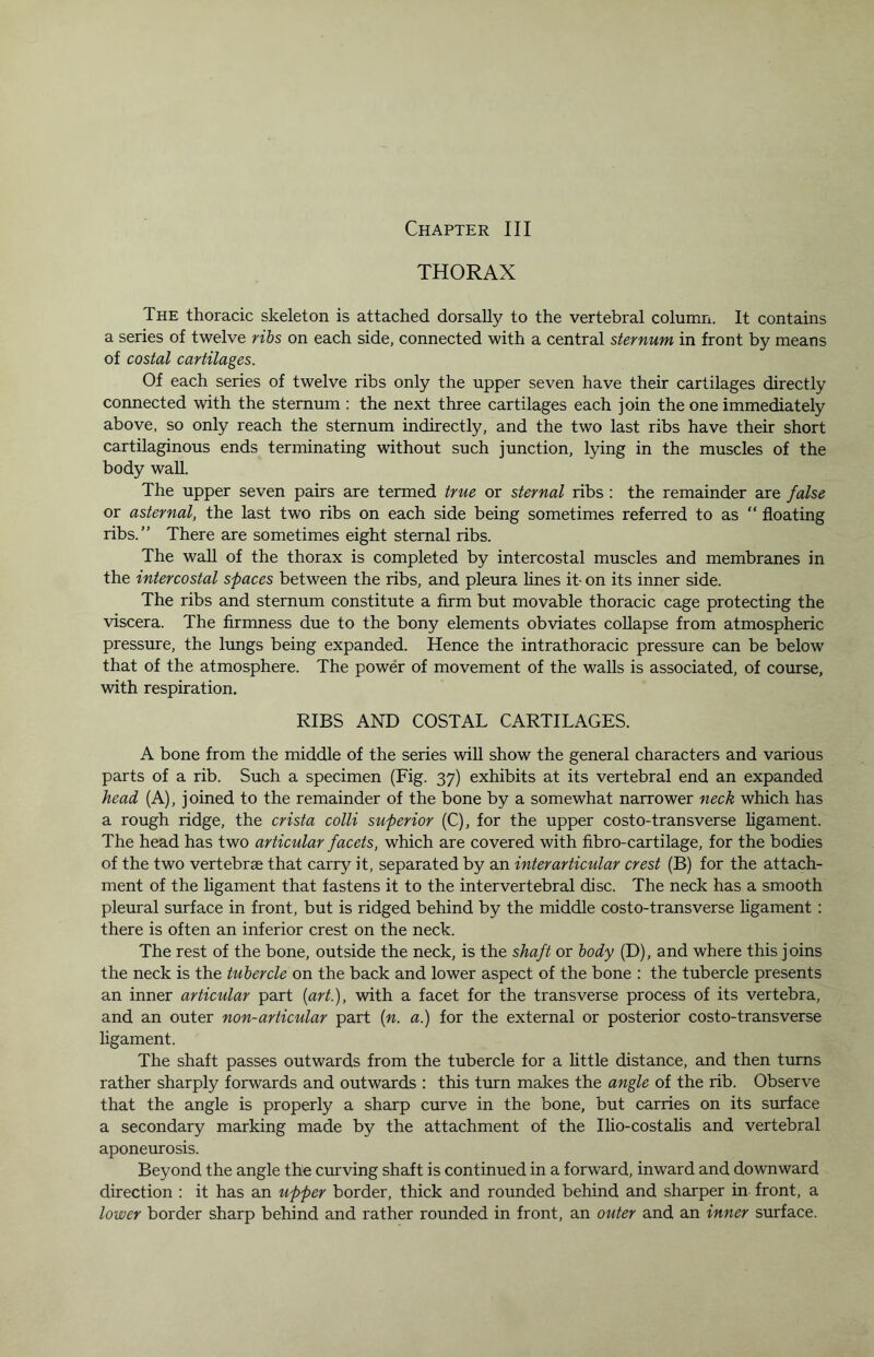 Chapter III THORAX The thoracic skeleton is attached dorsally to the vertebral column. It contains a series of twelve ribs on each side, connected with a central sternum in front by means of costal cartilages. Of each series of twelve ribs only the upper seven have their cartilages directly connected with the sternum : the next three cartilages each join the one immediately above, so only reach the sternum indirectly, and the two last ribs have their short cartilaginous ends terminating without such junction, lying in the muscles of the body wall. The upper seven pairs are termed true or sternal ribs : the remainder are false or asternal, the last two ribs on each side being sometimes referred to as “ floating ribs.” There are sometimes eight sternal ribs. The wall of the thorax is completed by intercostal muscles and membranes in the intercostal spaces between the ribs, and pleura lines it- on its inner side. The ribs and sternum constitute a firm but movable thoracic cage protecting the viscera. The firmness due to the bony elements obviates collapse from atmospheric pressure, the lungs being expanded. Hence the intrathoracic pressure can be below that of the atmosphere. The power of movement of the walls is associated, of course, with respiration. RIBS AND COSTAL CARTILAGES. A bone from the middle of the series will show the general characters and various parts of a rib. Such a specimen (Fig. 37) exhibits at its vertebral end an expanded head (A), joined to the remainder of the bone by a somewhat narrower neck which has a rough ridge, the crista colli superior (C), for the upper costo-transverse ligament. The head has two articular facets, which are covered with fibro-cartilage, for the bodies of the two vertebrae that carry it, separated by an inter articular crest (B) for the attach¬ ment of the ligament that fastens it to the intervertebral disc. The neck has a smooth pleural surface in front, but is ridged behind by the middle costo-transverse ligament : there is often an inferior crest on the neck. The rest of the bone, outside the neck, is the shaft or body (D), and where this joins the neck is the tubercle on the back and lower aspect of the bone : the tubercle presents an inner articular part {art.), with a facet for the transverse process of its vertebra, and an outer non-articular part (n. a.) for the external or posterior costo-transverse ligament. The shaft passes outwards from the tubercle for a little distance, and then turns rather sharply forwards and outwards : this turn makes the angle of the rib. Observe that the angle is properly a sharp curve in the bone, but carries on its surface a secondary marking made by the attachment of the Ilio-costalis and vertebral aponeurosis. Beyond the angle the curving shaft is continued in a forward, inward and downward direction : it has an upper border, thick and rounded behind and sharper in front, a lower border sharp behind and rather rounded in front, an outer and an inner surface.