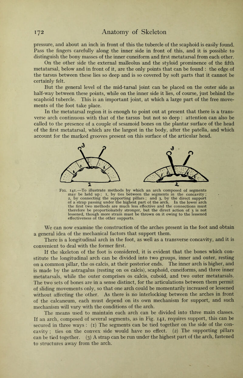 pressure, and about an inch in front of this the tubercle of the scaphoid is easily found. Pass the fingers carefully along the inner side in front of this, and it is possible to distinguish the bony masses of the inner cuneiform and first metatarsal from each other. On the other side the external malleolus and the styloid prominence of the fifth metatarsal, below and in front of it, are the only points that can be found : the edge of the tarsus between these lies so deep and is so covered by soft parts that it cannot be certainly felt. But the general level of the mid-tarsal joint can be placed on the outer side as half-way between these points, while on the inner side it lies, of course, just behind the scaphoid tubercle. This is an important joint, at which a large part of the free move¬ ments of the foot take place. In the metatarsal region it is enough to point out at present that there is a trans¬ verse arch continuous with that of the tarsus but not so deep : attention can also be called to the presence of a couple of sesamoid bones on the plantar surface of the head of the first metatarsal, which are the largest in the body, after the patella, and which account for the marked grooves present on this surface of the articular head. Fig. 141.—To illustrate methods by which an arch composed of segments may be held up : 1, by ties between the segments in the concavity ; 2, by connecting the supporting pillars ; and 3, by the direct support of a strap passing under the highest part of the arch. In the lower arch the first two methods are much less effective and the connections must therefore be proportionately stronger, but the direct action of 3 is not lessened, though more strain must be thrown on it owing to the lessened effectiveness of the other supports. We can now examine the construction of the arches present in the foot and obtain a general idea of the mechanical factors that support them. There is a longitudinal arch in the foot, as well as a transverse concavity, and it is convenient to deal with the former first. If the skeleton of the foot is considered, it is evident that the bones which con¬ stitute the longitudinal arch can be divided into two groups, inner and outer, resting on a common pillar, the os calcis, at their posterior ends. The inner arch is higher, and is made by the astragalus (resting on os calcis), scaphoid, cuneiforms, and three inner metatarsals, while the outer comprises os calcis, cuboid, and two outer metatarsals. The two sets of bones are in a sense distinct, for the articulations between them permit of sliding movements only, so that one arch could be momentarily increased or lessened without affecting the other. As there is no interlocking between the arches in front of the calcaneum, each must depend on its own mechanism for support, and such mechanism will vary with the conditions of the arch. The means used to maintain each arch can be divided into three main classes. If an arch, composed of several segments, as in Fig. 141, requires support, this can be secured in three ways : (1) The segments can be tied together on the side of the con¬ cavity ; ties on the convex side would have no effect. (2) The supporting pillars can be tied together. (3) A strap can be run under the highest part of the arch, fastened to structures away from the arch.