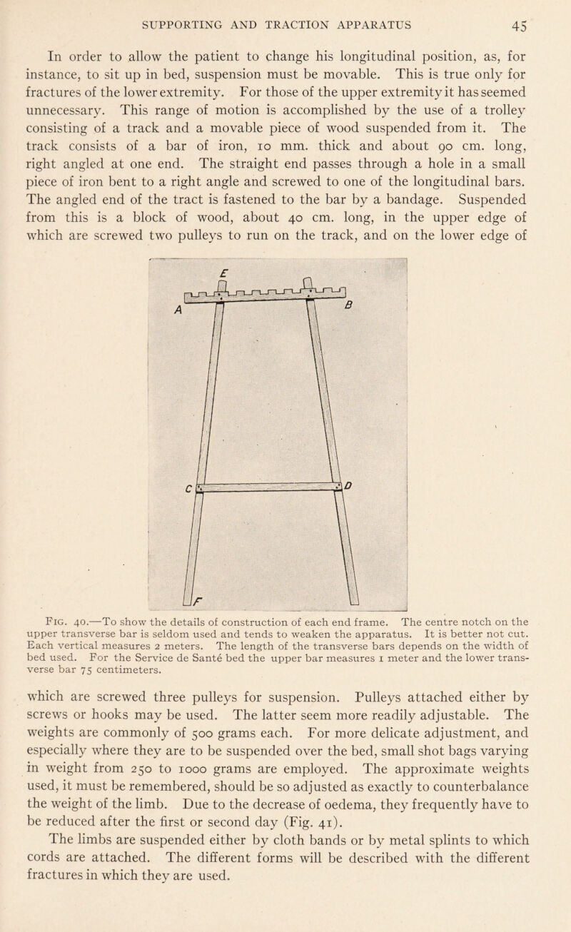 In order to allow the patient to change his longitudinal position, as, for instance, to sit up in bed, suspension must be movable. This is true only for fractures of the lower extremity. For those of the upper extremity it has seemed unnecessary. This range of motion is accomplished by the use of a trolley consisting of a track and a movable piece of wood suspended from it. The track consists of a bar of iron, io mm. thick and about 90 cm. long, right angled at one end. The straight end passes through a hole in a small piece of iron bent to a right angle and screwed to one of the longitudinal bars. The angled end of the tract is fastened to the bar by a bandage. Suspended from this is a block of wood, about 40 cm. long, in the upper edge of which are screwed two pulleys to run on the track, and on the lower edge of Fig. 40.—To show the details of construction of each end frame. The centre notch on the upper transverse bar is seldom used and tends to weaken the apparatus. It is better not cut. Each vertical measures 2 meters. The length of the transverse bars depends on the width of bed used. For the Service de Sante bed the upper bar measures i meter and the lower trans¬ verse bar 75 centimeters. which are screwed three pulleys for suspension. Pulleys attached either by screws or hooks may be used. The latter seem more readily adjustable. The weights are commonly of 500 grams each. For more delicate adjustment, and especially where they are to be suspended over the bed, small shot bags varying in weight from 250 to 1000 grams are employed. The approximate weights used, it must be remembered, should be so adjusted as exactly to counterbalance the weight of the limb. Due to the decrease of oedema, they frequently have to be reduced after the first or second day (Fig. 41). The limbs are suspended either by cloth bands or by metal splints to which cords are attached. The different forms will be described with the different fractures in which they are used.