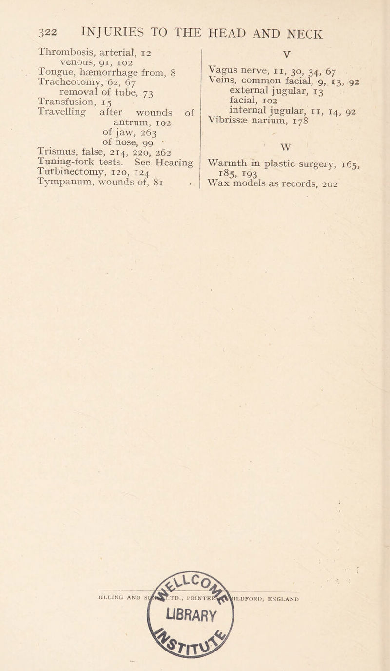Thrombosis, arterial, 12 venous, 91, 102 Tongue, haemorrhage from, 8 Tracheotomy, 62, 67 removal of tube, 73 Transfusion, 15 Travelling after wounds of antrum, 102 of jaw, 263 of nose, 99 ■ Trismus, false, 214, 220, 262 Tuning-fork tests. See Hearing Turbinectomy, 120, 124 Tympanum, wounds of, 81 V Vagus nerve, 11, 30, 34, 67 Veins, common facial, 9, 13, 92 external jugular, 13 facial, 102 internal jugular, n, 14, 92 Vibrissas narium, 178 W Warmth in plastic surgery, 165, „i85> 193 Wax models as records, 202 BILLING AND S( fig £1^ TD., I’KINTEF f ILDFORD, ENGLAND library
