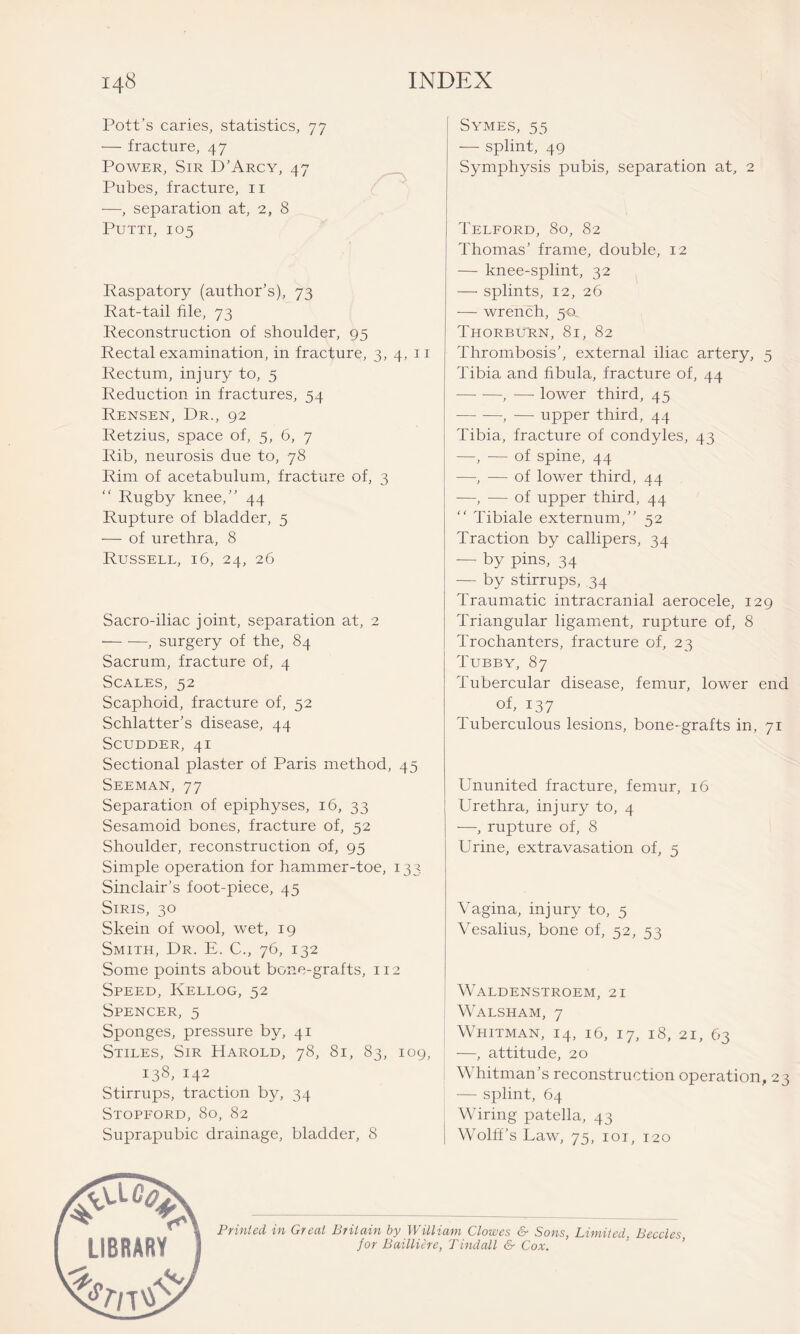 Pott’s caries, statistics, 77 — fracture, 47 Power, Sir D’Arcy, 47 Pubes, fracture, 11 —, separation at, 2, 8 Putti, 105 Raspatory (author’s), 73 Rat-tail file, 73 Reconstruction of shoulder, 95 Rectal examination, in fracture, 3, 4, n Rectum, injury to, 5 Reduction in fractures, 54 Rensen, Dr., 92 Retzius, space of, 5, 6, 7 Rib, neurosis due to, 78 Rim of acetabulum, fracture of, 3 “ Rugby knee,” 44 Rupture of bladder, 5 — of urethra, 8 Russell, 16, 24, 26 Sacro-iliac joint, separation at, 2 -, surgery of the, 84 Sacrum, fracture of, 4 Scales, 52 Scaphoid, fracture of, 52 Schlatter’s disease, 44 Scudder, 41 Sectional plaster of Paris method, 45 Seeman, 77 Separation of epiphyses, 16, 33 Sesamoid bones, fracture of, 52 Shoulder, reconstruction of, 95 Simple operation for hammer-toe, 133 Sinclair’s foot-piece, 45 Siris, 30 Skein of wool, wet, 19 Smith, Dr. E. C., 76, 132 Some points about bone-grafts, 112 Speed, Kellog, 52 Spencer, 5 Sponges, pressure by, 41 Stiles, Sir Harold, 78, 81, 83, 109, 138, 142 Stirrups, traction by, 34 Stopford, 80, 82 Suprapubic drainage, bladder, 8 Symes, 55 — splint, 49 Symphysis pubis, separation at, 2 Telford, 80, 82 Thomas’ frame, double, 12 — knee-splint, 32 — splints, 12, 26 — wrench, 5-0. Thorburn, 81, 82 Thrombosis’, external iliac artery, 5 Tibia and fibula, fracture of, 44 -, —• lower third, 45 — —, — upper third, 44 Tibia, fracture of condyles, 43 —, -— of spine, 44 —, — of lower third, 44 —, — of upper third, 44 ” Tibiale externum,” 52 Traction by callipers, 34 — by pins, 34 — by stirrups, 34 Traumatic intracranial aerocele, 129 Triangular ligament, rupture of, 8 Trochanters, fracture of, 23 Tubby, 87 Tubercular disease, femur, lower end of, 137 Tuberculous lesions, bone-grafts in, 71 Ununited fracture, femur, 16 Urethra, injury to, 4 -—-, rupture of, 8 Urine, extravasation of, 5 Vagina, injury to, 5 Vesalius, bone of, 52, 53 Waldenstroem, 21 Walsham, 7 Whitman, 14, 16, 17, 18, 21, 63 —, attitude, 20 Whitman’s reconstruction operation, 23 — splint, 64 Wiring patella, 43 Wolff’s Law, 75, 101, 120 Printed in Great Britain by William Clowes & Sons, Limited. Beccles for Bailliere, Tindall & Cox.