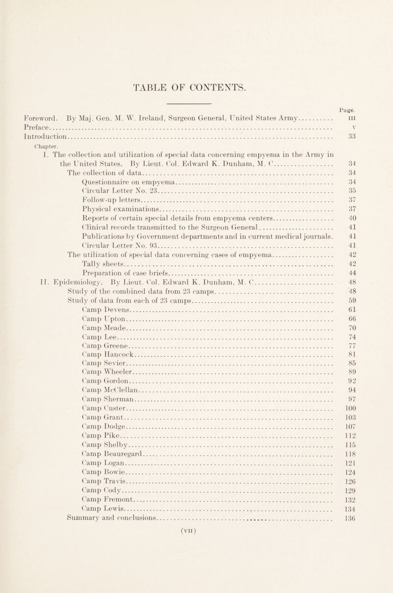 TABLE OF CONTENTS. I’ajie. Foreword. By Maj. Gen. M. W. Ireland, Surgeon General, United States Army. in Preface. v Introduction. 33 Chapter. I. The collection and utilization of special data concerning empyema in the Army in the United States. By Lieut. Col. Edward K. Dunham, M. C. 34 The collection of data.,. 34 Questionnaire on empyema. 34 Circular Letter No. 23. 35 Follow-up letters. 37 Physical examinations. 37 Reports of certain special details from empyema centers. 40 Clinical records transmitted to the Surgeon General _. 41 Publications by Government departments and in current medical journals. 41 Circular Letter No. 93. 41 The utilization of special data concerning cases of empyema. 42 Tally sheets. 42 Preparation of case briefs. 44 II. Epidemiology. By Lieut. Col. Edward K. Dunham, M. C. 48 Study of the combined data from 23 camps. 48 Study of data from each of 23 camps. 59 Camp Devens. 61 Camp Upton. 66 Camp Meade. 70 Camp Lee. 74 Camp Greene. 77 Camp Hancock. 81 Camp Sevier. 85 Camp Wheeler. 89 Camp Gordon. 92 Camp McClellan. 94 Camp Sherman. 97 Camp Custer.. 100 Camp Grant. 103 Camp Dodge. 107 Camp Pike. 112 Camp Shelby. 115 Camp Beauregard. 118 Camp Logan. 121 Camp Bowie. 124 Camp Travis. 126 Camp Cody. 129 Camp Fremont. 132 Camp Lewis. 134 Summary and conclusions. 136