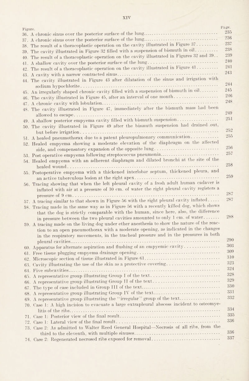 Figure. 36. A chronic sinus over the posterior surface of the lung. 37. A chronic sinus over the posterior surface of the lung. 38. The result of a thoracoplastic operation on the cavity illustrated in Figure 37. 39. The cavity illustrated in Figure 32 filled with a suspension of bismuth in oil. 40. The result of a thoracoplastic operation on the cavity illustrated in Figures 32 and 39.. 41. A shallow cavity over the posterior surface of the lung. 42. The result of a thoracoplastic operation on the cavity illustrated in Figure 41. 43. A cavity with a narrow contracted sinus..;. 44. The cavity illustrated in Figure 43 after dilatation of the sinus and irrigation with sodium hypochlorite..- - -. 45. An irregularly shaped chronic cavity filled with a suspension of bismuth in oil. 46. The cavity illustrated in Figure 45, after an interval of one month. 47. A chronic cavity with lobulation.. 48. The cavity illustrated in Figure 47, immediately after the bismuth mass had been allowed to escape. 49. A shallow posterior empyema cavity filled with bismuth suspension. 50. The cavity illustrated in Figure 49 after the bismuth suspension had drained out, but before irrigation. 51. A healed pneumothorax due to a patent pleuropulmonary communication. 52. Healed empyema showing a moderate elevation of the diaphragm on the affected side, and compensatory expansion of the opposite lung. 53. Post operative empyema following streptococcus pneumonia... 54. Healed empyema with an adherent diaphragm and dilated bronchi at the site of the healed wound.. 55. Postoperative empyema with a thickened interlobar septum, thickened pleura, and an active tuberculous lesion at the right apex. 56. Tracing showing that when the left pleural cavity of a fresh adult human cadaver is inflated with air at a pressure of 10 cm. of water the right pleural cavity registers a pressure of 9 cm. 57. A tracing similar to that shown in Figure 56 with the right pleural cavity inflated. 58. Tracing made in the same way as in Figure 56 with a recently killed dog, which shows that the dog is strictly comparable with the human, since here, also, the difference in pressure between the two pleural cavities amounted to only 1 cm. of water. 59. A tracing made on the living dog under ether anesthesia to show the nature of the reac¬ tion to an open pneumothorax with a moderate opening, as indicated in the changes in the respiratory movements, in the tracheal pressure and in the pressures in both pleural cavities. 60. Apparatus for alternate aspiration and flushing of an empyemic cavity. 61. Free tissue plugging empyema drainage opening. 62. Microscopic section of tissue illustrated in Figure 61. 63. Cavity illustrating the use of the skin as a protective covering. 64. Five sub cavities. 65. A representative group illustrating Group I of the text. 66. A representative group illustrating Group hi of the text. 67. The type of case included in Group III of the text. 68. A representative group illustrating Group IV of the text. 69. A representative group illustrating the “irregular” group of the text. 70. Case 1: A high incision to evacuate a large extrapleural abscess incident to osteomye¬ litis of the ribs. 71. Case 1: Posterior view of the final result. 72. Case 1: Lateral view of the final result. 73. Case 2: As admitted to Walter Reed General Hospital—Necrosis of all ribs, from the third to the eleventh, with multiple sinuses. 74. Case 2: Regenerated necrosed ribs exposed for removal. Page. 235 236 237 238 239 240 241 243 244 245 246 248 249 251 252 255 256 257 258 259 287 287 288 290 303 309 310 323 324 328 329 330 331 332 334 335 336 336 337