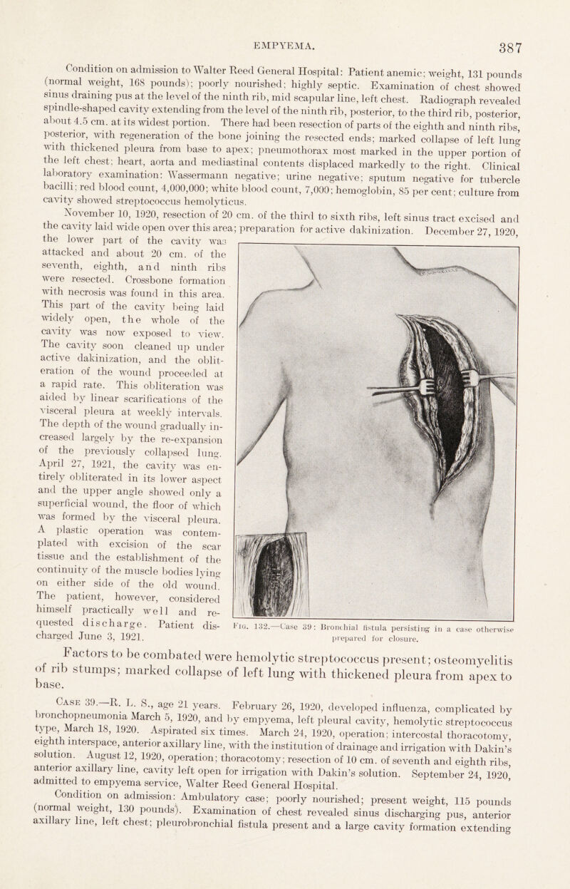 Condition on admission to Walter Reed General Hospital: Patient anemic; weight, 131 pounds (normal weight, 168 pounds); poorly nourished; highly septic. Examination of chest showed sinus draining pus at the level of the ninth rib, mid scapular line, left chest. Radiograph revealed spindle-shaped caAdty extending from the level of the ninth rib, posterior, to the third rib, posterior about 4.5 cm. at its widest portion. There had been resection of parts of the eighth and ninth ribs’ posterior, with regeneration of the bone joining the resected ends; marked collapse of left lung vuth thickened pleura from base to apex; pneumothorax most marked in the upper portion of the left chest; heart, aorta and mediastinal contents displaced markedly to the right. Clinical laboratory examination: Wassermann negative; urine negative; sputum negative* for tubercle bacilli; red blood count, 4,000,000; white blood count, 7,000; hemoglobin, 85 per cent; culture from cavity showed streptococcus hemolyticus. November 10, 1920, resection of 20 cm. of the third to sixth ribs, left sinus tract excised and the cavity laid wide open over this area; preparation for active dakinization. December 27 1920 the lower part of the cavity was attacked and about 20 cm. of the seA^enth, eighth, and ninth ribs Avere resected. Crossbone formation Aoith necrosis Avas found in this area. This part of the caAdty being laid widely open, the Avhole of the caAdty was noiv exposed to view. The caAdty soon cleaned up under active dakinization, and the oblit¬ eration of the wound proceeded at a rapid rate. This obliteration was aided by linear scarifications of the Adsceral pleura at weekly intervals. The depth of the wound gradually in¬ creased largely by the re-expansion of the previously collapsed lung. April 27, 1921, the caAdty was en¬ tirely obliterated in its lower aspect and the upper angle shoAved only a superficial wound, the floor of which was formed by the Adsceral pleura. A plastic operation Avas contem¬ plated aa ith excision of the scar tissue and the establishment of the continuity of the muscle bodies lying on either side of the old wound. The patient, however, considered himself practically well and re¬ quested discharge. Patient dis¬ charged June 3, 1921. F actors to be combated were hemolytic streptococcus present; osteomyelitis of rib stumps; marked collapse of left lung with thickened pleura from apex to Iig. 132. Case 39: Bronchial fistula persisting in a ease otherwise prepared for closure. , , ^SE 39 ‘ R: L'ra£° L>1 Pears- February 26, 1920, developed influenza, complicated by none opneumoma March 5, 1920, and by empyema, left pleural cavity, hemolytic streptococcus yiy ’ • a! 18’ 1£L0' AsPlrated six times. March 24, 1920, operation; intercostal thoracotomy eighth interspace, anterior axillary line, Aidth the institution of drainage and irrigation with Dakin’s solution. August 12, 1920, operation; thoracotomy; resection of 10 cm. of seventh and eighth ribs anterior axillary line, cavity left open for irrigation with Dakin’s solution. September 24 192o’ admitted to empyema service, Walter Reed General Hospital. Condition on admission: Ambulatory case; poorly nourished; present weight, 115 pounds (normal weight, 130 pounds). Examination of chest revealed sinus discharging pus anterior axillary line, left chest; pleurobronchial fistula present and a large cavity formation extending