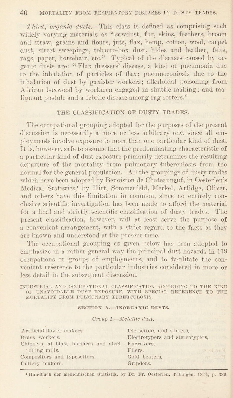 Thirds organic dusts.—This class is defined as comprising such widely varying materials as “ sawdust, fur, skins, feathers, broom and straw, grains and flours, jute, flax, hemp, cotton, wool, carpet dust, street sweepings, tobacco-box dust, hides and leather, felts, rags, paper, horsehair, etc.” Typical of the diseases caused by or¬ ganic dusts are: “Flax dressers’ disease, a kind of pneumonia due to the inhalation of particles of flax; pneumoconiosis due to the inhalation of dust by ganister workers; alkaloidal poisoning from African boxwood by workmen engaged in shuttle making; and ma¬ lignant pustule and a febrile disease among rag sorters.” THE CLASSIFICATION OF DUSTY TRADES. The occupational grouping adopted for the purposes of the present discussion is necessarily a more or less arbitrary one, since all em¬ ployments involve exposure to more than one particular kind of dust. It is, however, safe to assume that the predominating characteristic of a particular kind of dust exposure primarily determines the resulting departure of the mortality from pulmonary tuberculosis from the normal for the general population. All the groupings of dusty trades which have been adopted by Benoiston de Chateaun^uf, in Oesterlen’s Medical Statistics,^ by Flirt, Sommerfeld, Merkel, Arlidge, Oliver, and others have this limitation in common, since no entirely con¬ clusive scientific investigation has been made to afford the material for a final and strictly scientific classification of dusty trades. The present classification, however, will at least serve the purpose of a convenient arrangement, with a strict regard to the facts as they are known and understood at the present time. The occupational grouping as given below has been adopted to emphasize in a rather general way the principal dust hazards in 118 occupations or groups of employments, and to facilitate the con¬ venient reference to the particular industries considered in more or less detail in the subsequent discussion. INDUSTRIAL AND OCCUrATIONAL CLASSIFICATION ACCORDING TO THE KIND OF UNAVOIDABLE DUST EXPOSURE, WITH SPECIAL REFERENCE TO THE MORTALITY FROM PULMONARY TUBERCULOSIS. SECTION A.—INORGANIC DUSTS. Group 1.—Metallic dust. Artificial-flower makers. Brass workers. Die setters and sinkers. Electrotypers and stereotypers. Chippers, at blast furnaces and steel Engravers. rolling mills. Compositors and typesetters. Cutlery makers. Filers. Gold beaters. Grinders. 1 Ilandbuch der medicinischen Statistik. by Dr. Fr. Oesterlen, Tubingen, 1874, p. 389.