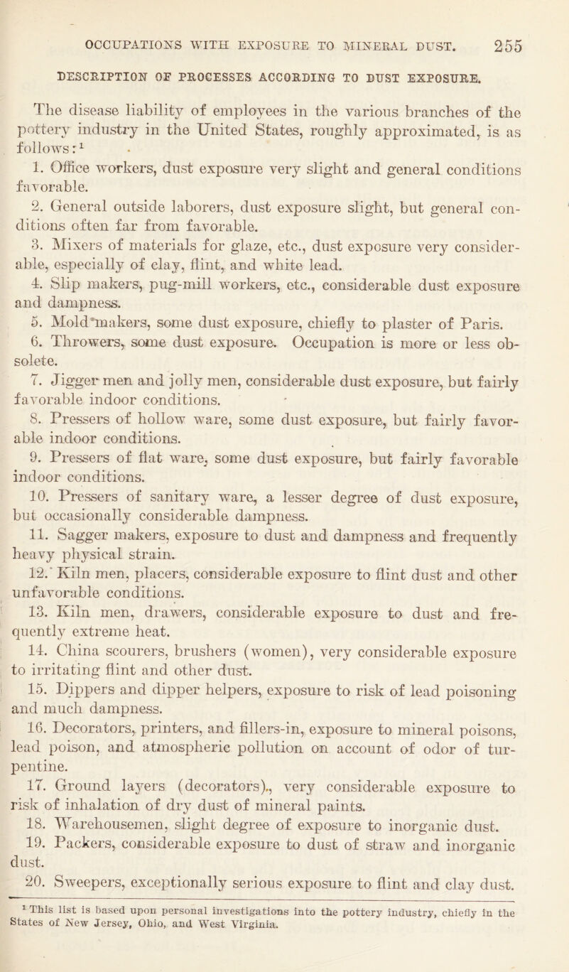 DESCRIPTION OF PROCESSES ACCORDING TO DUST EXPOSURE. The disease liability of employees in the various branches of the pottery industry in the United States, roughly approximated, is as follows: ^ 1. Office workers, dust exposure very slight and general conditions favorable. 2. General outside laborers, dust exposure slight, but general con¬ ditions often far from favorable. 3. Mixers of materials for glaze, etc., dust exposure very consider¬ able, especially of clay, flint, and white lead. d. Slip makers, pug-mill workers, etc., considerable dust exposure and dampness. 5. Mold'makers, some dust exposure, chiefly to plaster of Paris. 6. Throwers^ some dust exposure. Occupation is more or less ob¬ solete. T. Jigger men and jolly men, considerable dust exposure, but fairly favorable indoor conditions. 8. Pressers of hollow ware, some dust exposure, but fairly favor¬ able indoor conditions. 9. Pressers of flat ware^ some dust exposure, but fairly favorable indoor conditions. 10. Pressers of sanitary ware, a lesser degree of dust exposure, but occasionally considerable dampness. 11. Sagger makers, exposure to dust and dampness and frequently heavy physical strain. 12. ' Kiln men, placers, considerable exposure to flint dust and other unfavorable conditions. 13. Kiln men, drawers, considerable exposure to dust and fre¬ quently extreme heat. 14. China scourers, brushers (women), very considerable exposure to irritating flint and other dust. 15. Dippers and dipper helpers, exposure to risk of lead poisoning and much dampness. 16. Decorators, printers, and fillers-in, exposure to mineral poisons, lead poison, and atmospheric pollution on account of odor of tur¬ pentine. IT. Ground layers (decorators)., very considerable exposure to risk of inhalation of dry dust of mineral paints. 18. Warehousemen, slight degree of exposure to inorganic dust. 19. Packers, considerable exposure to dust of straw and inorganic dust. 20. Sweepers, exceptionally serious exposure to flint and clay dust. ^ This list is based upon personal investigations into the pottery industry, chiefly in the States of New Jersey, Ohio, and West Virginia.