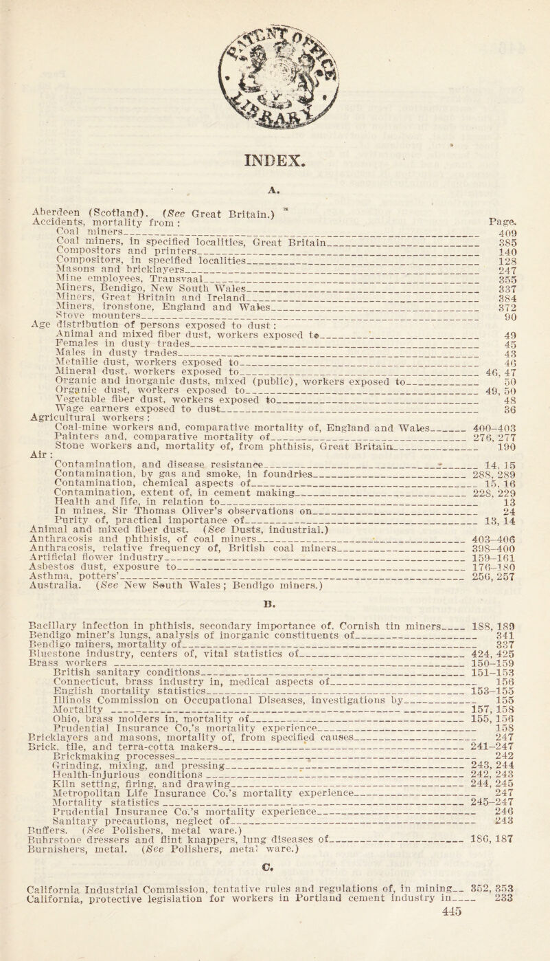 INDEX. A. Aberdeen (Scotland). (See Great Britain.) Accidents, mortality from : Page. Coal miners_ 409 Coal miners, in specified localities, Great Britain_I_385 Compositors and printers_ 140 Compositors, in specified localities_ 128 Masons and bricklayers_ 247 Mine employees, Transvaal_ 355 Miners, Bendigo, New South Wales_ 337 Miners, Great Britain and Ireland_____ 384 Aliners, ironstone, England and Wales_I_ 372 Stove mounters_ 90 Age distribution of persons exposed to dust : Animal and mixed fiber dust, workers exposed t®_'_ 49 Females in dusty trades_ 45 Males in dusty trades_ 43 Metallic dust, workers exposed to_ 40 Mineral dust,_ workers exposed to_40, 47 Organic and inorganic dusts, mixed (public), workers exposed to_ 50 Organic dust, workers exposed to_49, 50 Vegetable fiber dust, workers exposed to___ 48 Wage earners exposed to dust_ 36 Agricultural workers : Coal-mine workers and, comparative mortality of, England and Wales_ 400-403 Painters and, comparative mortality of_I_ 276, 277 Stone workers and, mortality of, from phthisis, Great Britain._ 190 Air : Contamination, and disease resistance_g_14.15 Contamination, by gas and smoke, in foundries_ 288, 289 Contamination, chemical aspects of_15, 16 Contamination, extent of, in cement making_._ 228, 229 Health and life, in relation to_ 13 In mines. Sir Thomas Oliver’s observations on_ 24 Purity of, practical importance of_13, 14 Animal and mixed fiber dust. (See Dusts, industrial.) Anthracosis and phthisis, of coal miners_•_ 403-406 Anthracosis, relative frequency of, British coal miners_ 398-400 Artificial flower industry_159—161 Asbestos dust, exposure to_176-180 Asthma, potters’_ 256, 257 Australia, (See New South Wales; Bendigo miners.) B. Bacillary infection in phthisis, secondary importance of, Cornish tin miners_188, 189 Bendigo miner’s lungs, analysis of inorganic constituents of_ 341 Bendigo miners, mortality of_ 337 Bluestone industry, centers of, vital statistics of_ 424, 425 Brass workers_150-159 British sanitary conditions_'_151-153 Connecticut, brass industry in, medical aspects of_ 156 English mortality statistics_153—155 Illinois Commission on Occupational Diseases, investigations by_ 155 Mortality _157, 158 Ohio, brass molders in, mortality of_155, 156 Prudential Insurance Co,’s mortality experience_ 158 Bricklayers and masons, mortality of, from specified causes- 247 Brick, tile, and terra-cotta makers_‘- 241—247 Brickmaking processes- 242 Grinding, mixing, and pressing_^_ 243, 244 Health-injurious conditions_1- 242, 243 Kiln setting, firing, and drawing_ 244, 245 Metropolitan Life Insurance Co.’s mortality experience- 247 Mortality statistics_ 245-247 Prudential Insurance Co.’s mortality experience- 246 Sanitary precautions, neglect of_ 243 Buffers. (See Polishers, metal ware.) Buhrstone dressers and flint knappers, lung diseases of-186, 187 Burnishers, metal. (See Polishers, metal ware.) C. California Industrial Commission, tentative rules and regulations of, in mining— 352, 353 California, protective legislation for workers in Portland cement industry in- 233