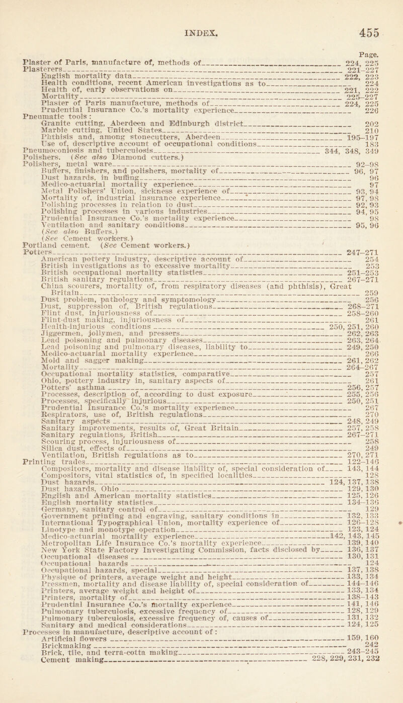 Page. Plaster of Paris, Bianufacture of, methods of_ 224, 225 Plasterers__221-227 English mortality data_ 222, 223 Health conditions, recent American investigations as to_ ’ 224 Health of, early observations on_ 221, 222 Mortality- 225-227 Plaster of Paris mannfactnre, methods of_ 224, 225 Prudential Insurance Co.’s mortality experience_ 226 Pneumatic tools : Granite cutting, Aberdeen and Edinburgh district___ 202 Marble cutting, United States_ 210 Phthisis and, among stoneciitters, Aberdeen_195-197 Use of, descriptive account of occupational conditions_ 183 Pneumoconiosis and tuberculosis_ 344, 348, 349 Polishers. (See also Diamond cutters.) Polishers, metal ware__92-98 Buffers, finishers, and polishers, mortality of___96, 07 Dust hazards, in buffing_ 96 Medico-actuarial mortality experience_ 97 Metal Polishers’ Union, sickness experience of_93, 94 Mortality of, industrial insurance experience_!_97, 98 Polishing processes in relation to dust_92, 93 Polishing processes in various industries_94, 95 Prudential Insurance Co.’s mortality experience_ 98 Ventilation and sanitary conditions_95, 96 (See also Buffers.) (See Cement workers.) Portland cement. (See Cement workers.) Potters___ 247-271 American pottery industry, descriptive account of_ 254 British investigations as to excessive mortality_ 253 British occupational mortality statistics_ 251-253 British sanitary regulations_ 267—271 China scourers, mortality of, from respiratory diseases (and phthisis). Great Britain_259 Dust problem, pathology and symptomology_ 256 Dust, suppression of, British regulations_ 268—271 Flint dust, injuriousness of_ 258-260 Flint-dust making, injuriousness of_ 261 Health-injurious conditions_ 250, 251, 260 Jiggermen, jollymen, and pressers_ 262, 263 Lead poisoning and pulmonary diseases_ 263, 264- Lead poisoning and pulmonary diseases, liability to_ 249, 250 Medico-actuarial mortality experience_ 266 Mold and sagger making_ 261, 262 Mortality_ 264-267 Occupational mortality statistics, comparative_ 257 Ohio, pottery industry in, sanitary aspects of_ 261 Potters’ asthma_ 256, 257 Processes, description of, according to dust exposure_1_ 255, 256 Processes, specifically' injurious_ 250,251 Prudential Insurance Co.’s mortalit;^ experience_ 267 Respirators, use of, British regulations_ 270 Sanitary aspects__ 248, 249 Sanitary improvements, results of. Great Britain_ 257, 258 Sanitary regulations, British_ 267-271 Scouring process, injuriousness of_ 258 Silica dust, effects of_ 249 Ventilation, British regulations as to_ 270, 271 Printing trades_ 122-146 Compositors, mortality and disease liability of, special consideration of_143, 144 Compositors, vital statistics of, in specified localities_ 128 Dust hazards_ 124, 137, 138 Dust hazards, Ohio_129, 130 English and American mortality statistics__125, 126 English mortality statistics_134—136 Germany, sanitary control of_ 129 Government printing and engraving, sanitary conditions in_132, 133 International Typographical Union, mortality experience of_126—128 Linotype and monotype operation_123, 124 Medico-actuarial mortality experience_142, 143, 145 Metropolitan Life Insurance Co.’s mortality experience_139, 140 New York State Factory Investigating Commission, facts disclosed by-136, 137 Occupational diseases_130, 131 Occupational hazards- 124 Occupational hazards, special_137, 138 Physique of printers, average weight and height_133, 134 Pressmen, mortality and disease liability of, special consideration of-144—146 Printers, average weight and height of_133, 134 I’rinterSj mortality of_138-143 Prudential Insurance Co.’s mortality experience-141, 146 Pulmonary tuberculosis, excessive frequency of_128, 129 Pulmonary tuberculosis, excessive frequency of, causes of-131, 132 Sanitary and medical considerations_124, 125 Processes in manufacture, descriptive account of : Artificial flowers_159, 160 Brickmaking- 242 Brick, tile, and terra-cotta making- 243-245 Cement making_____ 228, 229, 231, 232