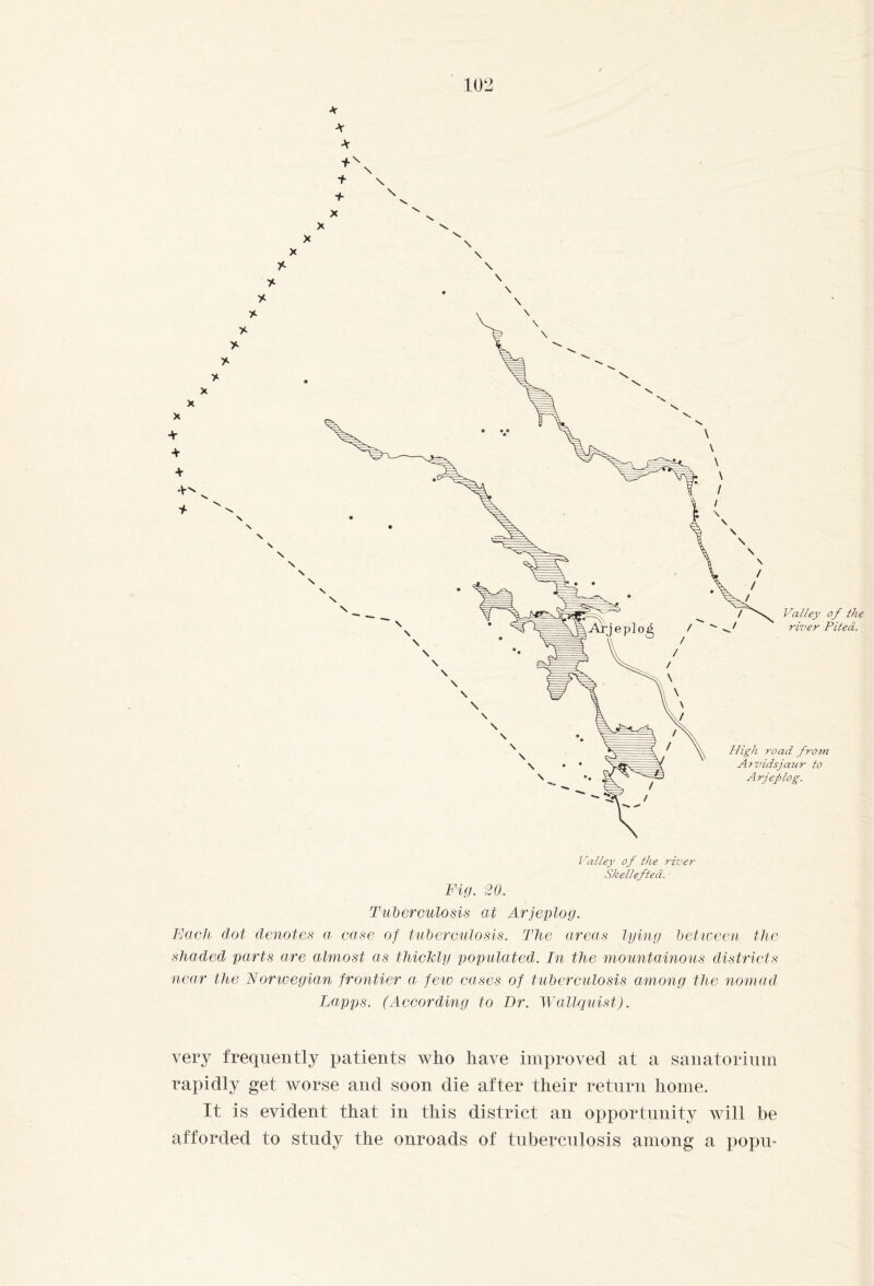 -v Jr + \ + x \ v \ \ \ \ x + + I \ Tuberculosis at Arjeplog. Each dot denotes a case of tuberculosis. The areas lying between the shaded parts are almost as thickly populated. In the mountainous districts near the Norwegian frontier a few cases of tuberculosis among the nomad- Lapps. (According to Dr. Wallquist). very frequently patients who have improved at a sanatorium rapidly get worse and soon die after their return home. It is evident that in this district an opportunity will be afforded to study the onroads of tuberculosis among a popm