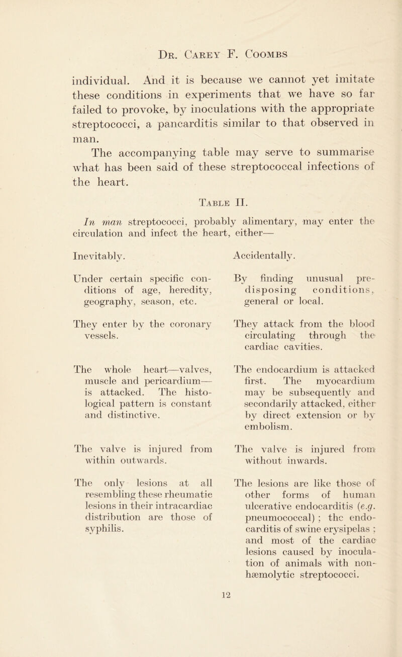 individual. And it is because we cannot yet imitate these conditions in experiments that we have so far failed to provoke, by inoculations with the appropriate streptococci, a pancarditis similar to that observed in man. The accompanying table may serve to summarise what has been said of these streptococcal infections of the heart. Table II. In man streptococci, probably alimentary, may enter the circulation and infect the heart, either— Inevitably. Under certain specific con¬ ditions of age, heredity, geography, season, etc. They enter by the coronary vessels. The whole heart—valves, muscle and pericardium— is attacked. The histo¬ logical pattern is constant and distinctive. The valve is injured from within outwards. The only lesions at all resembling these rheumatic lesions in their intracardiac distribution are those of syphilis. Accidentally. By finding unusual pre¬ disposing conditions, general or local. They attack from the blood circulating through the cardiac cavities. The endocardium is attacked first. The myocardium may be subsequently and secondarily attacked, either by direct extension or by embolism. The valve is injured from without inwards. The lesions are like those of other forms of human ulcerative endocarditis (e.g. pneumococcal) ; the endo¬ carditis of swine erysipelas ; and most of the cardiac lesions caused by inocula¬ tion of animals with non- haemolytic streptococci.