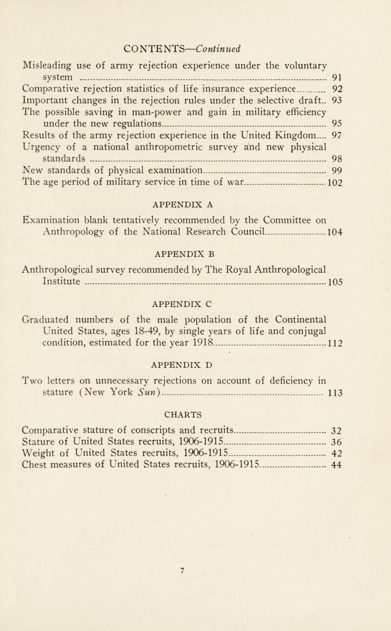 Misleading use of army rejection experience under the voluntary system 91 Comparative rejection statistics of life insurance experience 92 Important changes in the rejection rules under the selective draft.. 93 The possible saving in man-power and gain in military efficiency under the new regulations 95 Results of the army rejection experience in the United Kingdom.— 97 Urgency of a national anthropometric survey and new physical standards 98 New standards of physical examination 99 The age period of military service in time of war 102 APPENDIX A Examination blank tentatively recommended by the Committee on Anthropology of the National Research Council 104 APPENDIX B Anthropological survey recommended by The Royal Anthropological Institute 105 APPENDIX C Graduated numbers of the male population of the Continental United States, ages 18-49, by single years of life and conjugal condition, estimated for the year 1918 112 APPENDIX D Two letters on unnecessary rejections on account of deficiency in stature (New York Sun) 113 CHARTS Comparative stature of conscripts and recruits 32 Stature of United States recruits, 1906-1915 36 Weight of United States recruits, 1906-1915 42 Chest measures of United States recruits, 1906-1915 44