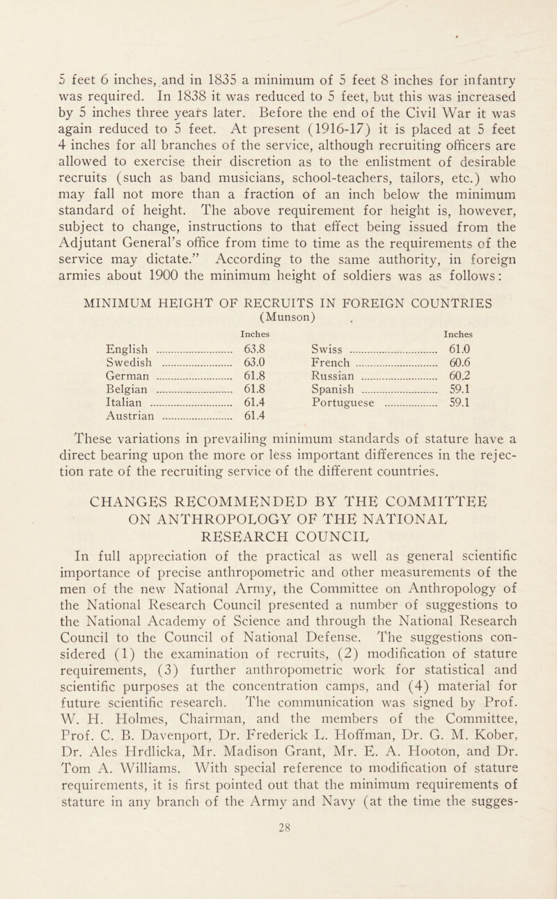 5 feet 6 inches, and in 1835 a minimum of 5 feet 8 inches for infantry was required. In 1838 it was reduced to 5 feet, but this was increased by 5 inches three years later. Before the end of the Civil War it was again reduced to 5 feet. At present (1916-17) it is placed at 5 feet 4 inches for all branches of the service, although recruiting officers are allowed to exercise their discretion as to the enlistment of desirable recruits (such as band musicians, school-teachers, tailors, etc.) who may fall not more than a fraction of an inch below the minimum standard of height. The above requirement for height is, however, subject to change, instructions to that effect being issued from the xAdjutant General’s office from time to time as the requirements of the service may dictate.” According to the same authority, in foreign armies about 1900 the minimum height of soldiers was as follows: MINIMUM HEIGHT OF RECRUITS IN FOREIGN COUNTRIES (Munson) Inches Inches English 63.8 Swiss 61.0 Swedish 63.0 French 60.6 German 61.8 Russian 60.2 Belgian 61.8 Spanish 59.1 Italian 61.4 Portuguese 59.1 Austrian 61.4 e variations in prevailing minimum standards of stature direct bearing upon the more or less important differences in the rejec- tion rate of the recruiting service of the different countries. CHANGES RECOMMENDED BY THE COMMITTEE ON ANTHROPOLOGY OF THE NATIONAL RESEARCH COUNCIL In full appreciation of the practical as well as general scientific importance of precise anthropometric and other measurements of the men of the new National Army, the Committee on Anthropology of the National Research Council presented a number of suggestions to the National Academy of Science and through the National Research Council to the Council of National Defense. The suggestions con- sidered (1) the examination of recruits, (2) modification of stature requirements, (3) further anthropometric work for statistical and scientific purposes at the concentration camps, and (4) material for future scientific research. The communication was signed by Prof. W. H. Holmes, Chairman, and the members of the Committee, Prof. C. B. Davenport, Dr. Frederick L. Hoffman, Dr. G. M. Kober, Dr. Ales Hrdlicka, Mr. Madison Grant, Mr. E. A. Hooton, and Dr. Tom A. Williams. With special reference to modification of stature requirements, it is first pointed out that the minimum requirements of stature in any branch of the Army and Navy (at the time the sugges-