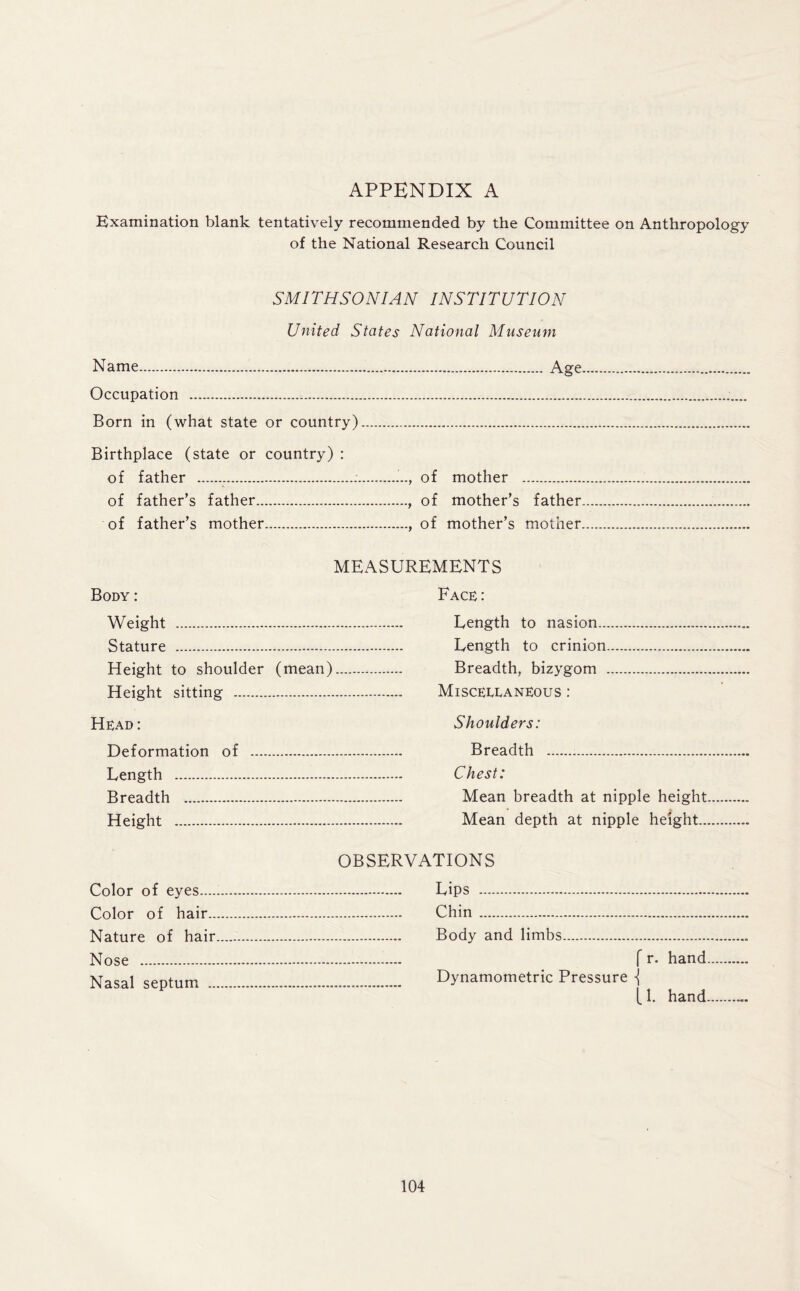 Examination blank tentatively recommended by the Committee on Anthropology of the National Research Council SMITHSONIAN INSTITUTION United States National Museum Name Age Occupation Born in (what state or country) Birthplace (state or country) : of father of mother of father’s father , of mother’s father of father’s mother , of mother’s mother MEASUREMENTS Body: Face: Weight Length to nasion Stature Length to crinion Height to shoulder (mean) Breadth, bizygom Height sitting Miscellaneous : Head: Shoulders: Deformation of Breadth Length Chest: Breadth Mean breadth at nipple height Height Mean depth at nipple height OBSERVATIONS Color of eyes..... Lips Color of hair Chin Nature of hair Body and limbs Nose f r. hand Nasal septum Dynamometric Pressure \ [ 1. hand