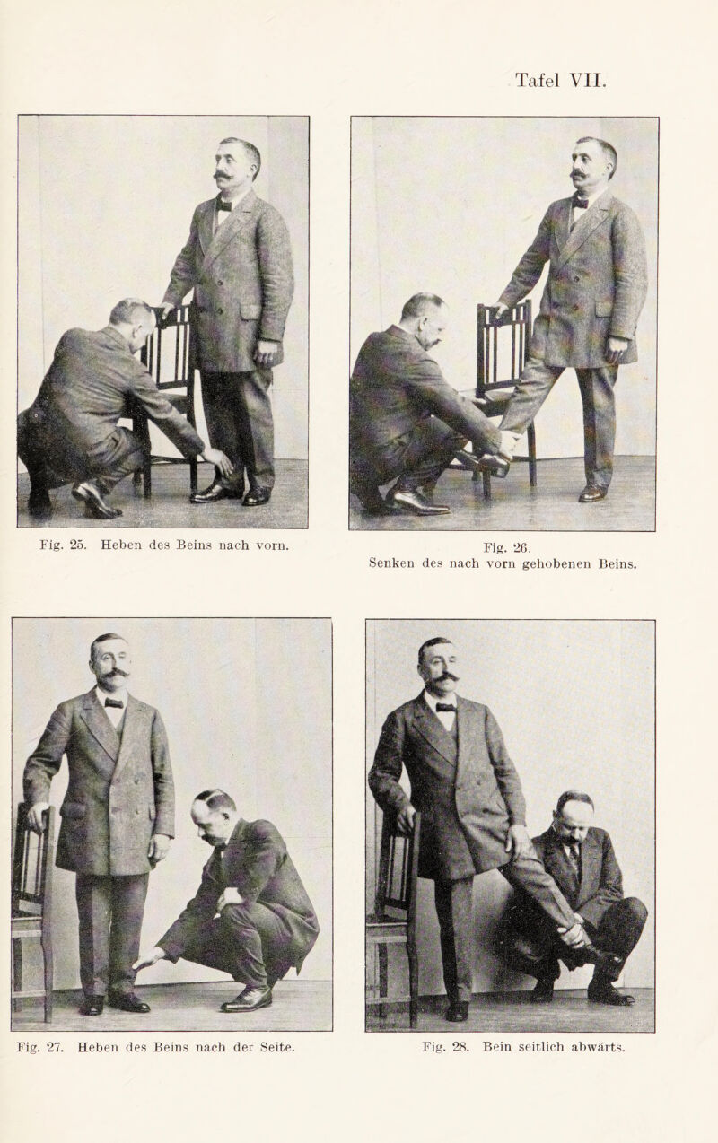 Fig. 25. Heben des Beins nach vorn. Fig. 26. Senken des nach vorn gehobenen Beins. Fig. 28. Bein seitlich abwärts. Fig. 27. Heben des Beins nach der Seite.