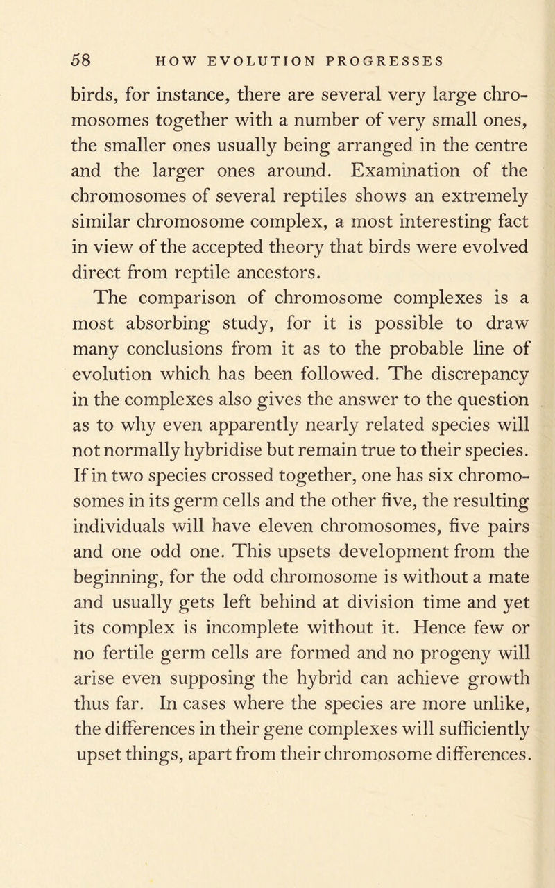 birds, for instance, there are several very large chro¬ mosomes together with a number of very small ones, the smaller ones usually being arranged in the centre and the larger ones around. Examination of the chromosomes of several reptiles shows an extremely similar chromosome complex, a most interesting fact in view of the accepted theory that birds were evolved direct from reptile ancestors. The comparison of chromosome complexes is a most absorbing study, for it is possible to draw many conclusions from it as to the probable line of evolution which has been followed. The discrepancy in the complexes also gives the answer to the question as to why even apparently nearly related species will not normally hybridise but remain true to their species. If in two species crossed together, one has six chromo¬ somes in its germ cells and the other five, the resulting individuals will have eleven chromosomes, five pairs and one odd one. This upsets development from the beginning, for the odd chromosome is without a mate and usually gets left behind at division time and yet its complex is incomplete without it. Hence few or no fertile germ cells are formed and no progeny will arise even supposing the hybrid can achieve growth thus far. In cases where the species are more unlike, the differences in their gene complexes will sufficiently upset things, apart from their chromosome differences.