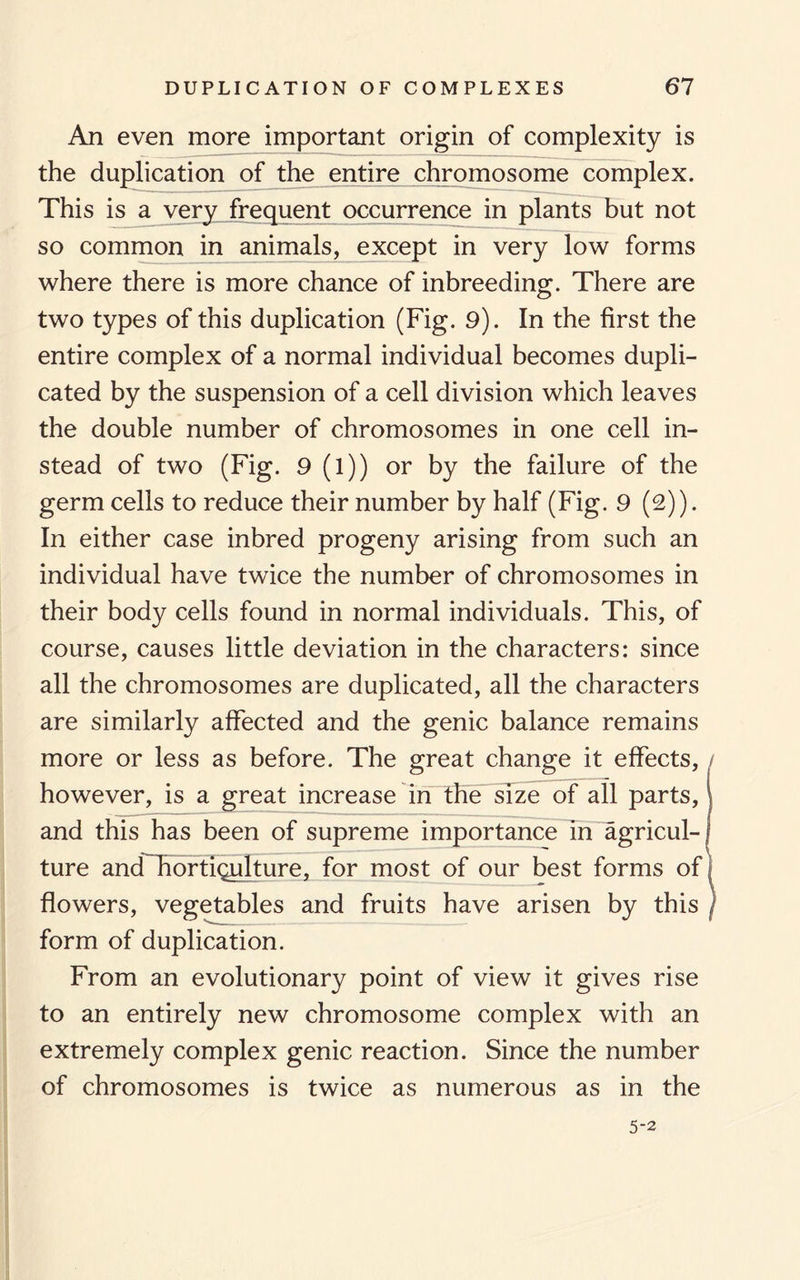An even more important origin of complexity is the duplication of the entire chromosome complex. This is a very frequent occurrence in plants but not so common in animals, except in very low forms where there is more chance of inbreeding. There are two types of this duplication (Fig. 9). In the first the entire complex of a normal individual becomes dupli¬ cated by the suspension of a cell division which leaves the double number of chromosomes in one cell in¬ stead of two (Fig. 9(l)) or by the failure of the germ cells to reduce their number by half (Fig. 9 (2)). In either case inbred progeny arising from such an individual have twice the number of chromosomes in their body cells found in normal individuals. This, of course, causes little deviation in the characters: since all the chromosomes are duplicated, all the characters are similarly affected and the genic balance remains more or less as before. The great change it effects, however, is a great increase in the size of all parts, and this has been of supreme importance in agricul¬ ture and bortigulture, for most of our best forms of flowers, vegetables and fruits have arisen by this form of duplication. From an evolutionary point of view it gives rise to an entirely new chromosome complex with an extremely complex genic reaction. Since the number of chromosomes is twice as numerous as in the 5-2
