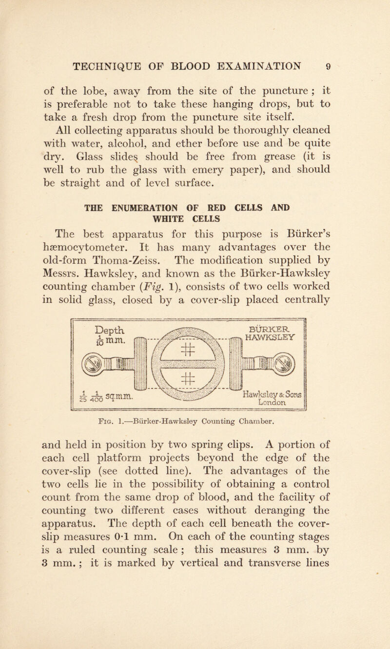 of the lobe, away from the site of the puncture ; it is preferable not to take these hanging drops, but to take a fresh drop from the puncture site itself. All collecting apparatus should be thoroughly cleaned with water, alcohol, and ether before use and be quite dry. Glass slides should be free from grease (it is well to rub the glass with emery paper), and should be straight and of level surface. THE ENUMERATION OF RED CELLS AND WHITE CELLS The best apparatus for this purpose is Biirker’s haemocytometer. It has many advantages over the old-form Thoma-Zeiss. The modification supplied by Messrs. Hawksley, and known as the Biirker-Hawksley counting chamber (Fig. 1), consists of two cells worked in solid glass, closed by a cover-slip placed centrally and held in position by two spring clips. A portion of each cell platform projects beyond the edge of the cover-slip (see dotted line). The advantages of the two cells lie in the possibility of obtaining a control count from the same drop of blood, and the facility of counting two different cases without deranging the apparatus. The depth of each cell beneath the cover- slip measures OT mm. On each of the counting stages is a ruled counting scale ; this measures 3 mm. by 3 mm. ; it is marked by vertical and transverse lines