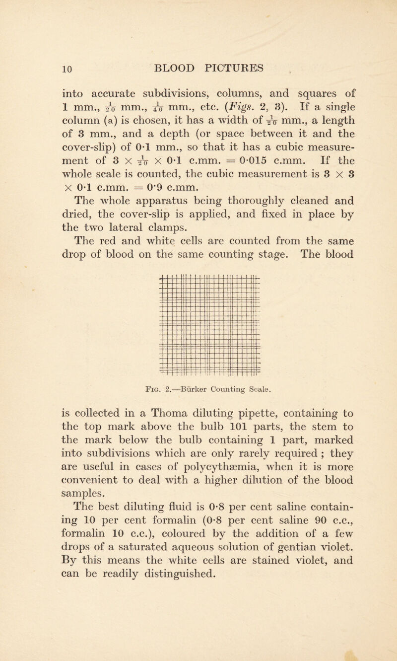 into accurate subdivisions, columns, and squares of 1 mm., yo mm., ro mm., etc. {Figs. 2, 3). If a single column (a) is chosen, it has a width of yo mm., a length of 3 mm., and a depth (or space between it and the cover-slip) of OT mm., so that it has a cubic measure¬ ment of 3 X oV X OT c.mm. = 0*015 c.mm. If the whole scale is counted, the cubic measurement is 3 x 3 X 0*1 c.mm. = 0*9 c.mm. The whole apparatus being thoroughly cleaned and dried, the cover-slip is applied, and fixed in place by the two lateral clamps. The red and white cells are counted from the same drop of blood on the same counting stage. The blood Fig. 2.—Biirker Counting Scale. is collected in a Thoma diluting pipette, containing to the top mark above the bulb 101 parts, the stem to the mark below the bulb containing 1 part, marked into subdivisions which are only rarely required ; they are useful in cases of polycythsemia, when it is more convenient to deal with a higher dilution of the blood samples. The best diluting fluid is 0*8 per cent saline contain¬ ing 10 per cent formalin (0*8 per cent saline 90 c.c., formalin 10 c.c.), coloured by the addition of a few drops of a saturated aqueous solution of gentian violet. By this means the white cells are stained violet, and can be readily distinguished.