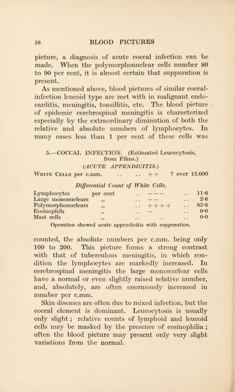 picture, a diagnosis of acute coccal infection can be made. When the polymorphonuclear cells number 80 to 90 per cent, it is almost certain that suppuration is present. As mentioned above, blood pictures of similar eoccal- infection leucoid type are met with in malignant endo¬ carditis, meningitis, tonsillitis, etc. The blood picture of epidemic cerebrospinal meningitis is characterized especially by the extraordinary diminution of both the relative and absolute numbers of lymphocytes. In many cases less than 1 per cent of these cells was 5.—COCCAL INFECTION. (Estimated Leucoeytosis, from Films.) {ACUTE APPENDICITIS.) White Cells per c.mm. .. .. + + ? over 15,000 Differential Count of White Cells. Lymphocytes per cent . .- . . 11*6 Large mononuclears ,, . .- . . 2*6 Polymorphonuclears ,, .. + + + + . • 85-6 Eosinophils ,, — 0-0 Mast cells ,, . . . . . . 0-0 Operation showed acute appendicitis with suppuration. counted, the absolute numbers per c.mm. being only 100 to 200. This picture forms a strong contrast with that of tuberculous meningitis, in which con¬ dition the lymphocytes are markedly increased. In cerebrospinal meningitis the large mononuclear cells have a normal or even slightly raised relative number, and, absolutely, are often enormously increased in number per c.mm. Skin diseases are often due to mixed infection, but the coccal element is dominant. Leucoeytosis is usually only slight; relative counts of lymphoid and leucoid cells may be masked by the presence of eosinophilia ; often the blood picture may present only very slight variations from the normal.