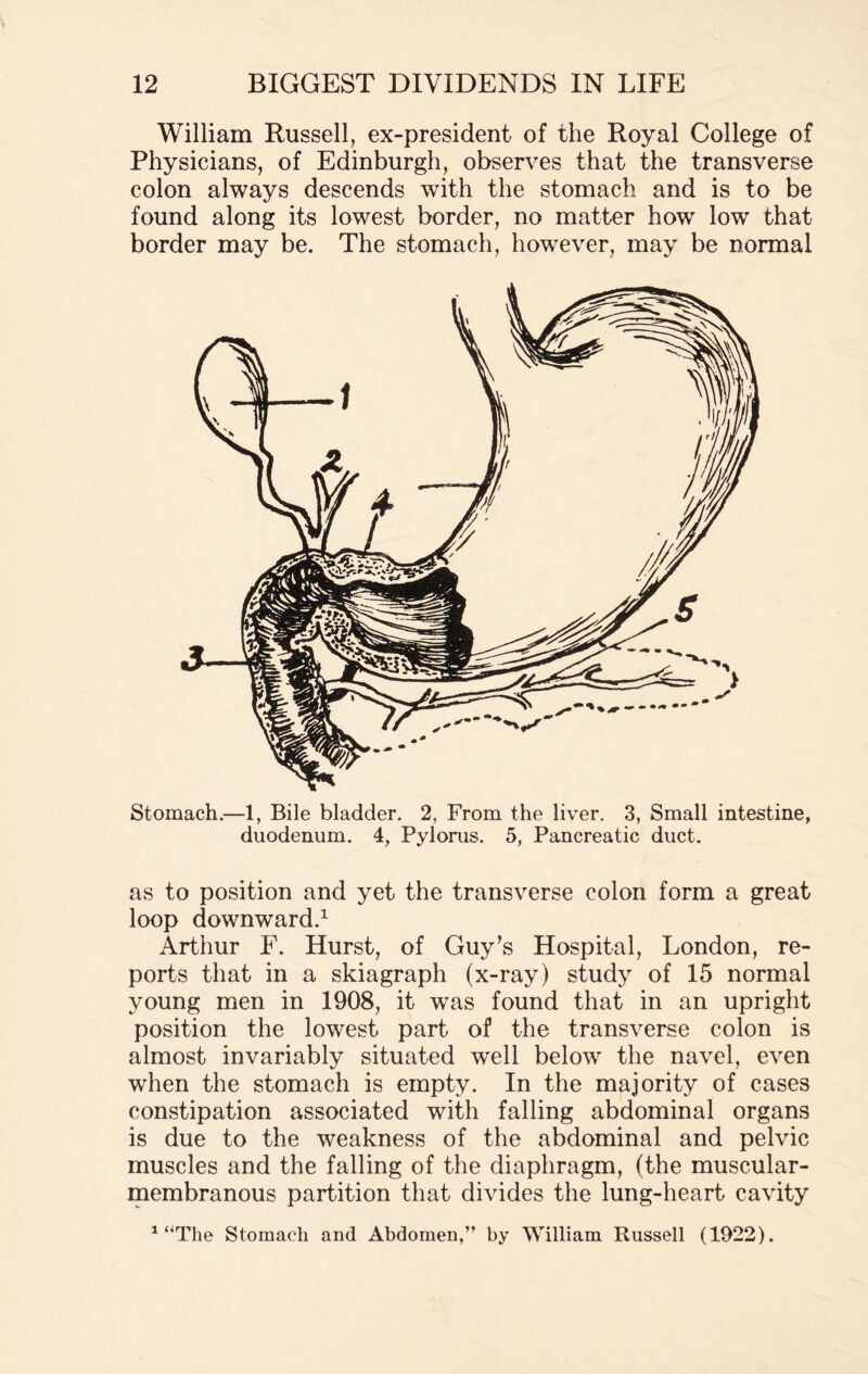 William Russell, ex-president of the Royal College of Physicians, of Edinburgh, observes that the transverse colon always descends with the stomach and is to be found along its lowest border, no matter how low that border may be. The stomach, however, may be normal Stomach.—1, Bile bladder. 2, From the liver. 3, Small intestine, duodenum. 4, Pylorus. 5, Pancreatic duct. as to position and yet the transverse colon form a great loop downward.1 Arthur F. Hurst, of Guy’s Hospital, London, re¬ ports that in a skiagraph (x-ray) study of 15 normal young men in 1908, it was found that in an upright position the lowest part of the transverse colon is almost invariably situated well below the navel, even when the stomach is empty. In the majority of cases constipation associated with falling abdominal organs is due to the weakness of the abdominal and pelvic muscles and the falling of the diaphragm, (the muscular- membranous partition that divides the lung-heart cavity 1 “The Stomach and Abdomen,” by William Russell (1922).