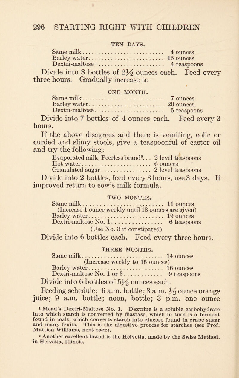TEN DAYS. Same milk. 4 ounces Barley water. 16 ounces Dextri-maltose 1. 4 teaspoons Divide into 8 bottles of ounces each. Feed every three hours. Gradually increase to ONE MONTH. Same milk. Barley water. Dextri-maltose. 7 ounces 20 ounces 5 teaspoons Divide into 7 bottles of 4 ounces each. Feed every 3 hours. If the above disagrees and there is vomiting, colic or curded and slimy stools, give a teaspoonful of castor oil and try the following: Evaporated milk, Peerless brand2.. . 2 level teaspoons Hot water. 6 ounces Granulated sugar. 2 level teaspoons Divide into 2 bottles, feed every 3 hours, use 3 days. If improved return to cow’s milk formula. TWO MONTHS. Same milk. 11 ounces (Increase 1 ounce weekly until 13 ounces are given) Barley water. 19 ounces Dextri-maltose No. 1. 6 teaspoons (Use No. 3 if constipated) Divide into 6 bottles each. Feed every three hours. THREE MONTHS. Same milk. 14 ounces (Increase weekly to 16 ounces) Barley water. 16 ounces Dextri-maltose No. 1 or 3. 9 teaspoons Divide into 6 bottles of 5J^ ounces each. Feeding schedule: 6 a.m. bottle; 8 a.m. Y2 ounce orange juice; 9 a.m. bottle; noon, bottle; 3 p.m. one ounce 1 Mead’s Dextri-Maltose No. 1. Dextrine is a soluble carbohydrate into which starch is converted by diastase, which in turn is a ferment found in malt, which converts starch into glucose found in grape sugar and many fruits. This is the digestive process for starches (see Prof. Mattien Williams, next page). 2 Another excellent brand is the Helvetia, made by the Swiss Method, in Helvetia, Illinois.