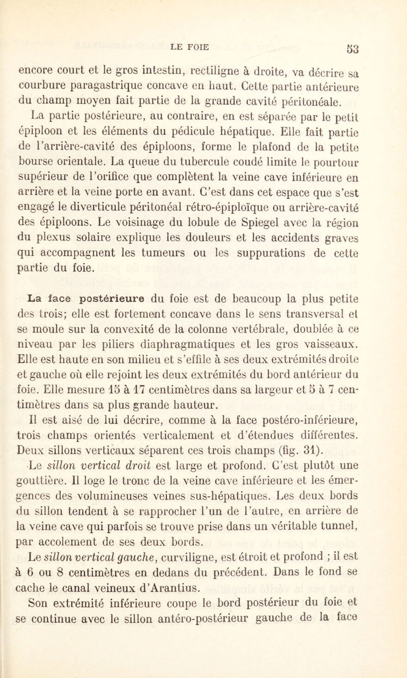 encore court et le gros intestin, rectiligne à droite, va décrire sa courbure paragastrique concave en haut. Cette partie antérieure du champ moyen fait partie de la grande cavité péritonéale. La partie postérieure, au contraire, en est séparée par le petit épiploon et les éléments du pédicule hépatique. Elle fait partie de Larrière-cavité des épiploons, forme le plafond de la petite bourse orientale. La queue du tubercule coudé limite le pourtour supérieur de l’orifice que complètent la veine cave inférieure en arrière et la veine porte en avant. C’est dans cet espace que s’est engagé le diverticule péritonéal rétro-épiploïque ou arrière-cavité des épiploons. Le voisinage du lobule de Spiegel avec la région du plexus solaire explique les douleurs et les accidents graves qui accompagnent les tumeurs ou les suppurations de cette partie du foie. La face postérieure du foie est de beaucoup la plus petite des trois; elle est fortement concave dans le sens transversal et se moule sur la convexité de la colonne vertébrale, doublée à ce niveau par les piliers diaphragmatiques et les gros vaisseaux. Elle est haute en son milieu et s’effile à ses deux extrémités droite et gauche où elle rejoint les deux extrémités du bord antérieur du foie. Elle mesure 15 à 17 centimètres dans sa largeur et 5 à 7 cen¬ timètres dans sa plus grande hauteur. Il est aisé de lui décrire, comme à la face postéro-inférieure, trois champs orientés verticalement et d’étendues différentes. Deux sillons verticaux séparent ces trois champs (fig. 31). ^Le sillon vertical droit est large et profond. C’est plutôt une gouttière. Il loge le tronc de la veine cave inférieure et les émer¬ gences des volumineuses veines sus-hépatiques. Les deux bords du sillon tendent à se rapprocher l’un de l’autre, en arrière de la veine cave qui parfois se trouve prise dans un véritable tunnel, par accolement de ses deux bords. Le sillon vertical gauche, curviligne, est étroit et profond ; il est à 6 ou 8 centimètres en dedans du précédent. Dans le fond se cache le canal veineux d’Arantius. Son extrémité inférieure coupe le bord postérieur du foie et se continue avec le sillon antéro-postérieur gauche de la face