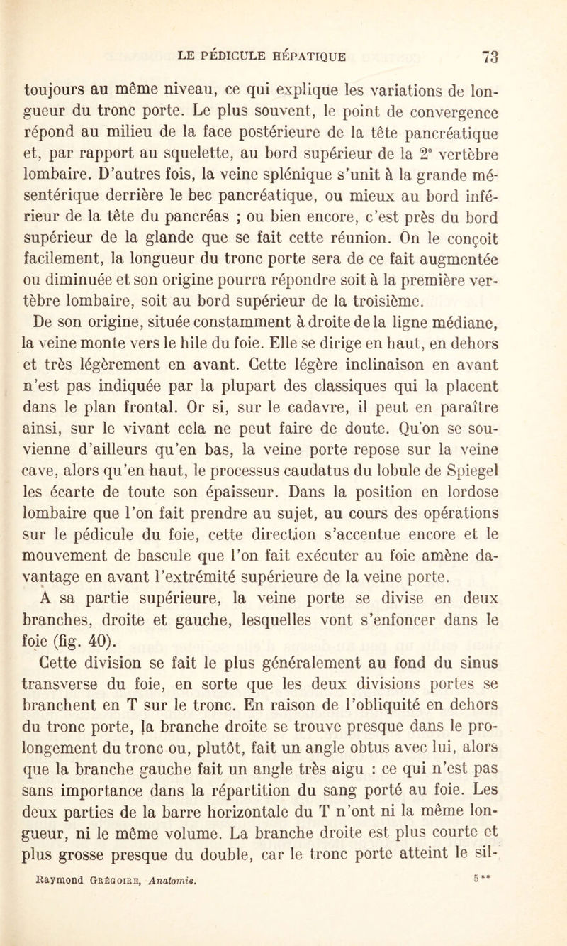 toujours au même niveau, ce qui explique les variations de lon¬ gueur du tronc porte. Le plus souvent, le point de convergence répond au milieu de la face postérieure de la tête pancréatique et, par rapport au squelette, au bord supérieur de la 2 vertèbre lombaire. D’autres fois, la veine splénique s’unit à la grande mé¬ sentérique derrière le bec pancréatique, ou mieux au bord infé¬ rieur de la tête du pancréas ; ou bien encore, c’est près du bord supérieur de la glande que se fait cette réunion. On le conçoit facilement, la longueur du tronc porte sera de ce fait augmentée ou diminuée et son origine pourra répondre soit à la première ver¬ tèbre lombaire, soit au bord supérieur de la troisième. De son origine, située constamment à droite de la ligne médiane, la veine monte vers le hile du foie. Elle se dirige en haut, en dehors et très légèrement en avant. Cette légère inclinaison en avant n’est pas indiquée par la plupart des classiques qui la placent dans le plan frontal. Or si, sur le cadavre, il peut en paraître ainsi, sur le vivant cela ne peut faire de doute. Qu’on se sou¬ vienne d’ailleurs qu’en bas, la veine porte repose sur la veine cave, alors qu’en haut, le processus caudatus du lobule de Spiegel les écarte de toute son épaisseur. Dans la position en lordose lombaire que l’on fait prendre au sujet, au cours des opérations sur le pédicule du foie, cette direction s’accentue encore et le mouvement de bascule que l’on fait exécuter au foie amène da¬ vantage en avant l’extrémité supérieure de la veine porte. A sa partie supérieure, la veine porte se divise en deux branches, droite et gauche, lesquelles vont s’enfoncer dans le foie (fig. 40). Cette division se fait le plus généralement au fond du sinus transverse du foie, en sorte que les deux divisions portes se branchent en T sur le tronc. En raison de l’obliquité en dehors du tronc porte, la branche droite se trouve presque dans le pro¬ longement du tronc ou, plutôt, fait un angle obtus avec lui, alors que la branche gauche fait un angle très aigu : ce qui n’est pas sans importance dans la répartition du sang porté au foie. Les deux parties de la barre horizontale du T n’ont ni la même lon¬ gueur, ni le même volume. La branche droite est plus courte et plus grosse presque du double, car le tronc porte atteint le sil- Raymond Grégoire, Anatomie. 5**