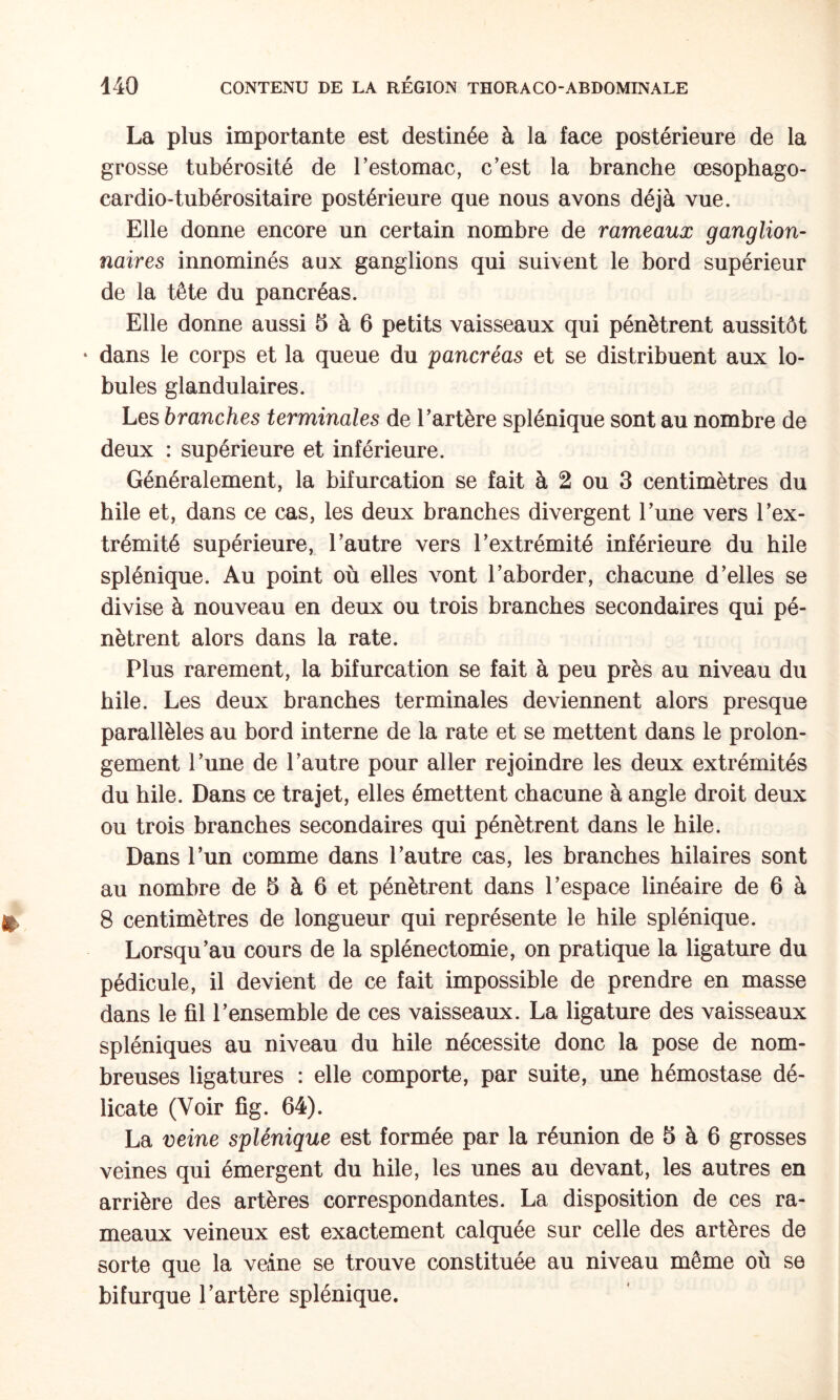 La plus importante est destinée à la face postérieure de la grosse tubérosité de l’estomac, c’est la branche œsophago- cardio-tubérositaire postérieure que nous avons déjà vue. Elle donne encore un certain nombre de rameaux ganglion- naïves innommés aux ganglions qui suivent le bord supérieur de la tête du pancréas. Elle donne aussi 5 à 6 petits vaisseaux qui pénètrent aussitôt ‘ dans le corps et la queue du pancréas et se distribuent aux lo¬ bules glandulaires. Les branches terminales de l’artère splénique sont au nombre de deux : supérieure et inférieure. Généralement, la bifurcation se fait à 2 ou 3 centimètres du hile et, dans ce cas, les deux branches divergent l’une vers l’ex¬ trémité supérieure, l’autre vers l’extrémité inférieure du hile splénique. Au point où elles vont l’aborder, chacune d’elles se divise à nouveau en deux ou trois branches secondaires qui pé¬ nètrent alors dans la rate. Plus rarement, la bifurcation se fait à peu près au niveau du hile. Les deux branches terminales deviennent alors presque parallèles au bord interne de la rate et se mettent dans le prolon¬ gement l’une de l’autre pour aller rejoindre les deux extrémités du hile. Dans ce trajet, elles émettent chacune à angle droit deux ou trois branches secondaires qui pénètrent dans le hile. Dans l’un comme dans l’autre cas, les branches hilaires sont au nombre de 5 à 6 et pénètrent dans l’espace linéaire de 6 à 8 centimètres de longueur qui représente le hile splénique. Lorsqu’au cours de la splénectomie, on pratique la ligature du pédicule, il devient de ce fait impossible de prendre en masse dans le fil l’ensemble de ces vaisseaux. La ligature des vaisseaux spléniques au niveau du hile nécessite donc la pose de nom¬ breuses ligatures : elle comporte, par suite, une hémostase dé¬ licate (Voir fig. 64). La veine splénique est formée par la réunion de 5 à 6 grosses veines qui émergent du hile, les unes au devant, les autres en arrière des artères correspondantes. La disposition de ces ra¬ meaux veineux est exactement calquée sur celle des artères de sorte que la veine se trouve constituée au niveau même où se bifurque l’artère splénique.