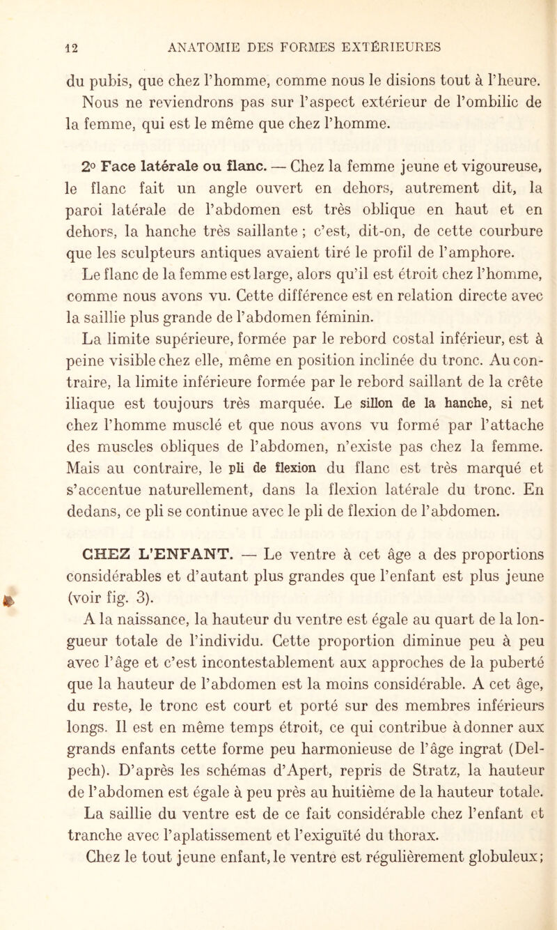 du pubis, que chez l’homme, comme nous le disions tout à l’heure. Nous ne reviendrons pas sur l’aspect extérieur de l’ombilic de la femme, qui est le même que chez l’homme. 2o Face latérale ou flanc. — Chez la femme jeune et vigoureuse, le flanc fait un angle ouvert en dehors, autrement dit, la paroi latérale de l’abdomen est très oblique en haut et en dehors, la hanche très saillante ; c’est, dit-on, de cette courbure que les sculpteurs antiques avaient tiré le profil de l’amphore. Le flanc de la femme est large, alors qu’il est étroit chez l’homme, comme nous avons vu. Cette différence est en relation directe avec la saillie plus grande de l’abdomen féminin. La limite supérieure, formée par le rebord costal inférieur, est à peine visible chez elle, même en position inclinée du tronc. Au con¬ traire, la limite inférieure formée par le rebord saillant de la crête iliaque est toujours très marquée. Le sillon de la hanche, si net chez l’homme musclé et que nous avons vu formé par l’attache des muscles obliques de l’abdomen, n’existe pas chez la femme. Mais au contraire, le pli de flexion du flanc est très marqué et s’accentue naturellement, dans la flexion latérale du tronc. En dedans, ce pli se continue avec le pli de flexion de l’abdomen. CHEZ L’ENFANT. — Le ventre à cet âge a des proportions considérables et d’autant plus grandes que l’enfant est plus jeune (voir fig. 3). A la naissance, la hauteur du ventre est égale au quart de la lon¬ gueur totale de l’individu. Cette proportion diminue peu à peu avec l’âge et c’est incontestablement aux approches de la puberté que la hauteur de l’abdomen est la moins considérable. A cet âge, du reste, le tronc est court et porté sur des membres inférieurs longs. Il est en même temps étroit, ce qui contribue à donner aux grands enfants cette forme peu harmonieuse de l’âge ingrat (Del¬ pech). D’après les schémas d’Apert, repris de Stratz, la hauteur de l’abdomen est égale à peu près au huitième de la hauteur totale. La saillie du ventre est de ce fait considérable chez l’enfant et tranche avec l’aplatissement et l’exiguïté du thorax. Chez le tout jeune enfant,le ventre est régulièrement globuleux;