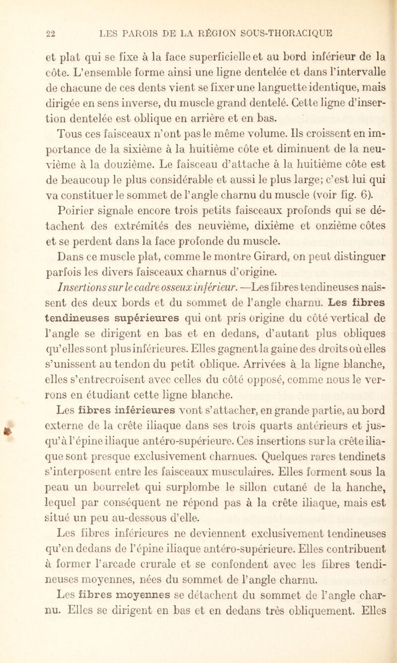 et plat qui se fixe à la face superficielle et au bord inférieur de la côte. L’ensemble forme ainsi une ligne dentelée et dans l’intervalle de chacune de ces dents vient se fixer une languette identique, mais dirigée en sens inverse, du muscle grand dentelé. Cette ligne d’inser¬ tion dentelée est oblique en arrière et en bas. Tous ces faisceaux n’ont pas le même volume. Ils croissent en im¬ portance de la sixième à la huitième côte et diminuent de la neu¬ vième à la douzième. Le faisceau d’attache à la huitième côte est de beaucoup le plus considérable et aussi le plus large; c’est lui qui va constituer le sommet de l’angle charnu du muscle (voir fig. 6). Poirier signale encore trois petits faisceaux profonds qui se dé¬ tachent des extrémités des neuvième, dixième et onzième côtes et se perdent dans la face profonde du muscle. Dans ce muscle plat, comme le montre Girard, on peut distinguer parfois les divers faisceaux charnus d’origine. Insertions sur le eadre osseux inférieur. —Les fibres tendineuses nais¬ sent des deux bords et du sommet de l’angle charnu. Les fibres tendineuses supérieures qui ont pris origine du côté vertical de l’angle se dirigent en bas et en dedans, d’autant plus obliques qu’elles sont plus inférieures. Elles gagnent la gaine des droits où elles s’unissent au tendon du petit oblique. Arrivées à la ligne blanche, elles s’entrecroisent avec celles du côté opposé, comme nous le ver¬ rons en étudiant cette ligne blanche. Les fibres inférieures vont s’attacher, en grande partie, au bord externe de la crête iliaque dans ses trois quarts antérieurs et jus¬ qu’à l’épine iliaque antéro-supérieure. Ces insertions sur la crête ilia¬ que sont presque exclusivement charnues. Quelques rares tendinets s’interposent entre les faisceaux musculaires. Elles forment sous la peau un bourrelet qui surplombe le sillon cutané de la hanche, lequel par conséquent ne répond pas à la crête iliaque, mais est situé un peu au-dessous d’elle. Les fibres inférieures ne deviennent exclusivement tendineuses qu’en dedans de l’épine iliaque antéro-supérieure. Elles contribuent à former l’arcade crurale et se confondent avec les fibres tendi¬ neuses moyennes, nées du sommet de l’angle charnu. Les fibres moyennes se détachent du sommet de l’angle char¬ nu. Elles se dirigent en bas et en dedans très obliquement. Elles