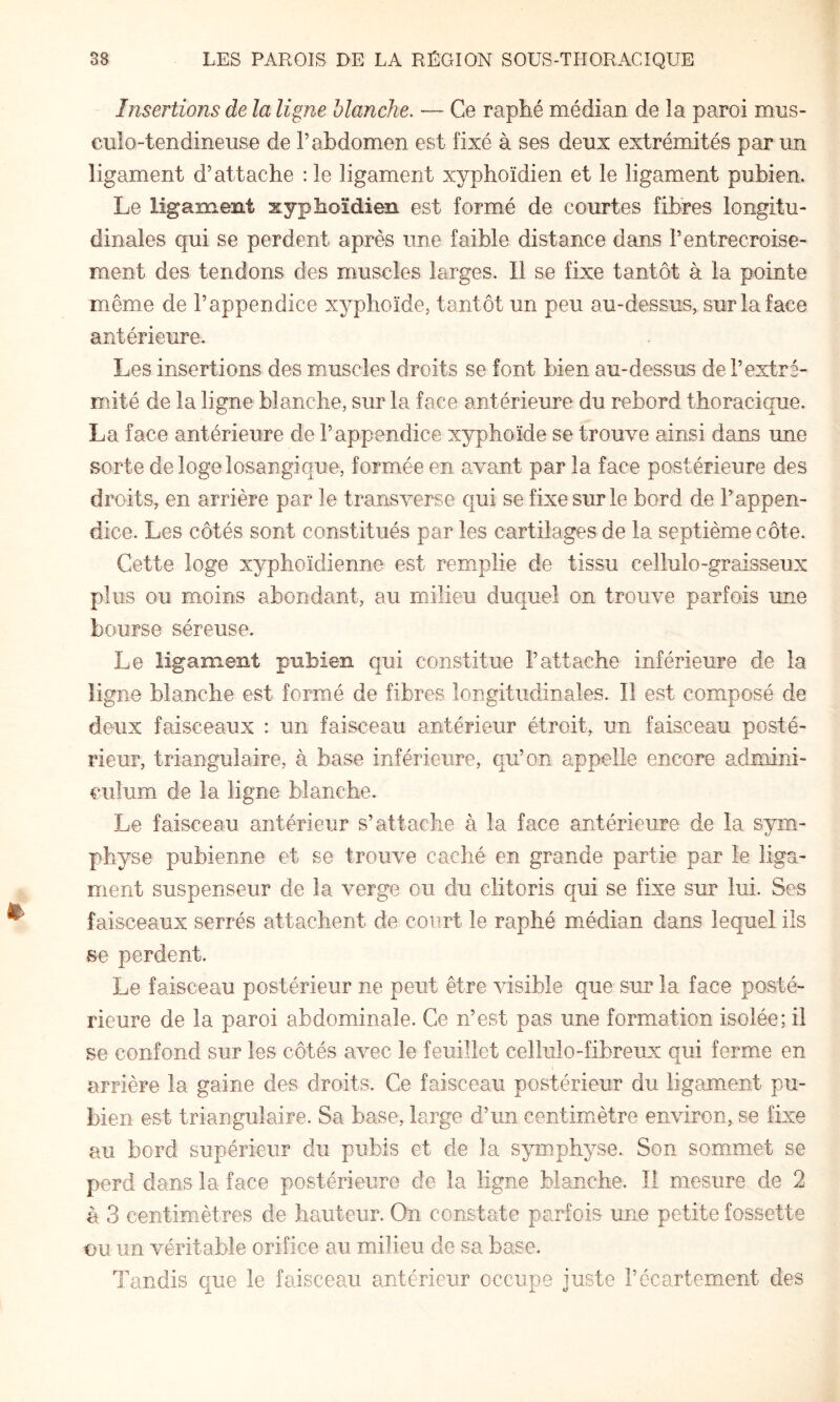 Insertions de la ligne blanche. — Ce raphé médian de la paroi mus- culo-tendineuse de l’abdomen est fixé à ses deux extrémités par un ligament d’attache : le ligament xyphoïdien et le ligament pubien. Le ligament xyphoïdien est formé de courtes fibres longitu¬ dinales qui se perdent après une faible distance dans l’entrecroise¬ ment des tendons des muscles larges. Il se fixe tantôt à la pointe même de l’appendice xyphoïde, tantôt un peu au-dessus^ sur la face antérieure. Les insertions des muscles droits se font bien au-dessus de l’extré¬ mité de la ligne blanche, sur la face antérieure du rebord thoracique. La face antérieure de l’appendice xyphoïde se trouve ainsi dans une sorte delogelosangique, formée en avant par la face postérieure des droits, en arrière par le transverse qui se fixe sur le bord de l’appen¬ dice. Les côtés sont constitués par les cartilages de la septième côte. Cette loge xyphoïdienne est remplie de tissu cellulo-graisseux plus ou moins abondant, au milieu duquel on trouve parfois une bourse séreuse. Le ligament pubien qui constitue l’attache inférieure de la ligne blanche est formé de fibres longitudinales. Il est composé de deux faisceaux : un faisceau antérieur étroit, un faisceau posté¬ rieur, triangulaire, à base inférieure, qu’on appelle encore admini- culum de la ligne blanche. Le faisceau antérieur s’attache à la face antérieure de la sym¬ physe pubienne et se trouve caché en grande partie par le liga¬ ment suspenseur de la verge ou du clitoris qui se fixe sur lui. Ses faisceaux serrés attachent de court le raphé médian dans lequel ils se perdent. Le faisceau postérieur ne peut être visible que sur la face posté¬ rieure de la paroi abdominale. Ce n’est pas une formation isolée; il se confond sur les côtés avec le feuillet cellulo-fibreux qui fermn en arrière la gaine des droits. Ce faisceau postérieur du ligament pu¬ bien est triangulaire. Sa base, large d’un centimiètre environ, se fixe au bord supérieur du pubis et de la symphyse. Son sommet se perd dans la face postérieure de la ligne blanche. Il mesure de 2 à 3 centimètres de hauteur. On constate parfois une petite fossette ou un véritable orifice au milieu de sa base. Tandis que le faisceau antérieur occupe juste l’écartement des