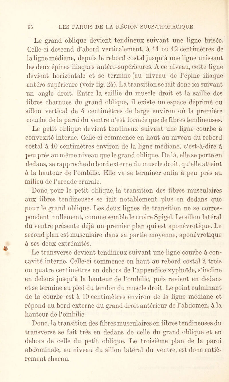 Le grand oblique devient tendineux suivant une ligne brisée. Celle-ci descend d’abord verticalement, à 11 ou 12 centimètres de la ligne médiane, depuis le rebord costal jusqu’à une ligne unissant les deux épines iliaques antéro-supérieures. A ce niveau, cette ligne devient horizontale et se termine 'au niveau de l’épine iliaque antéro-supérieure (voir fig. 24). La transition se fait donc ici suivant un angle droit. Entre la saillie du muscle droit et la saillie des fibres charnues du grand oblique, il existe un espace déprimé ou sillon vertical de 4 centimètres de large environ où la première couche de la paroi du ventre n’est formée que de fibres tendineuses. Le petit oblique devient tendineux suivant une ligne courbe à convexité interne. Celle-ci commence en haut au niveau du rebord costal à 10 centimètres environ de la ligne médiane, c’est-à-dire à peu près au même niveau que le grand oblique. De là, elle se porte en dedans, se rapproche du bord externe du muscle droit, qu’elle atteint à la hauteur de l’ombilic. Elle va se terminer enfin à peu près au milieu de l’arcade crurale. Donc, pour le petit oblique, la transition des fibres musculaires aux fibres tendineuses se fait notablement plus en dedans que pour le grand oblique. Les deux lignes de transition ne se corres¬ pondent nullement, comme semble le croire Spigel. Le sillon latéral du ventre présente déjà un premier plan qui est aponévrotique. Le second plan est musculaire dans sa partie moyenne, aponévrotique à ses deux extrémités. Le transverse devient tendineux suivant une ligne courbe à con¬ cavité interne. Celle-ci commence en haut au rebord costal à trois ou quatre centimètres en dehors de l’appendice xyphoïde, s’incline en dehors jusqu’à la hauteur de l’ombilic, puis revient en dedans et se termine au pied du tendon du muscle droit. Le point culminant de la courbe est à 10 centimètres environ de la ligne médiane et répond au bord externe du grand droit antérieur de l’abdomen, à la hauteur de l’ombilic. Donc, la transition des fibres musculaires en fibres tendineuses du transverse se fait très en dedans de celle du grand oblique et en dehors de celle du petit oblique. Le troisième plan de la paroi abdominale, au niveau du sillon latéral du ventre, est donc entiè¬ rement charnu.