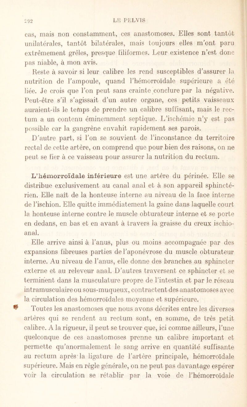 cas, mais non constamment, ces anastomoses. Elles sont tantôt unilatérales, tantôt bilatérales, mais toujours elles m'ont paru extrêmement grêles, presque filiformes. Leur existence n'est donc pas niable, à mon avis. Reste à savoir si leur calibre les rend susceptibles d'assurer la nutrition de l'ampoule, quand î'hémorroïdale supérieure a été liée. Je crois que l'on peut sans crainte conclure par la négative. Peut-être s'il s'agissait d'un autre organe, ces petits vaisseaux auraient-ils le temps de prendre un calibre suffisant, mais le rec¬ tum a un contenu éminemment septique. L'ischémie n'y est pas possible car la gangrène envahit rapidement ses parois. D'autre part, si l'on se souvient de l'inconstance du territoire rectal de cette artère, on comprend que pour bien des raisons, on ne peut se fier à ce vaisseau pour assurer la nutrition du rectum. L’hémorroïdale inférieure est une artère du périnée. Elle se distribue exclusivement au canal anal et à son appareil sphincté¬ rien. Elle naît de la honteuse interne au niveau de la face interne de l'ischion. Elle quitte immédiatement la gaine dans laquelle court la honteuse interne contre le muscle obturateur interne et se porte en dedans, en bas et en avant à travers la graisse du creux ischio- anal. Elle arrive ainsi à l'anus, plus ou moins accompagnée par des expansions fibreuses parties de l'aponévrose du muscle obturateur interne. Au niveau de l'anus, elle donne des branches au sphincter externe et au releveur anal. D'autres traversent ce sphincter et se terminent dans la musculature propre de l'intestin et par le réseau intramusculaire ou sous-muqueux, contractent des anastomoses avec la circulation des hémorroïdales moyenne et supérieure. Toutes les anastomoses que nous avons décrites entre les diverses artères qui se rendent au rectum sont, en somme, de très petit calibre. A la rigueur, il peut se trouver que, ici comme ailleurs, l'une quelconque de ces anastomoses prenne un calibre important et permette qu'anormalement le sang arrive en quantité suffisante au rectum après-la ligature de l'artère principale, hémorroïdale supérieure. Mais en règle générale, on ne peut pas davantage espérer voir la circulation se rétablir par la voie de I'hémorroïdale