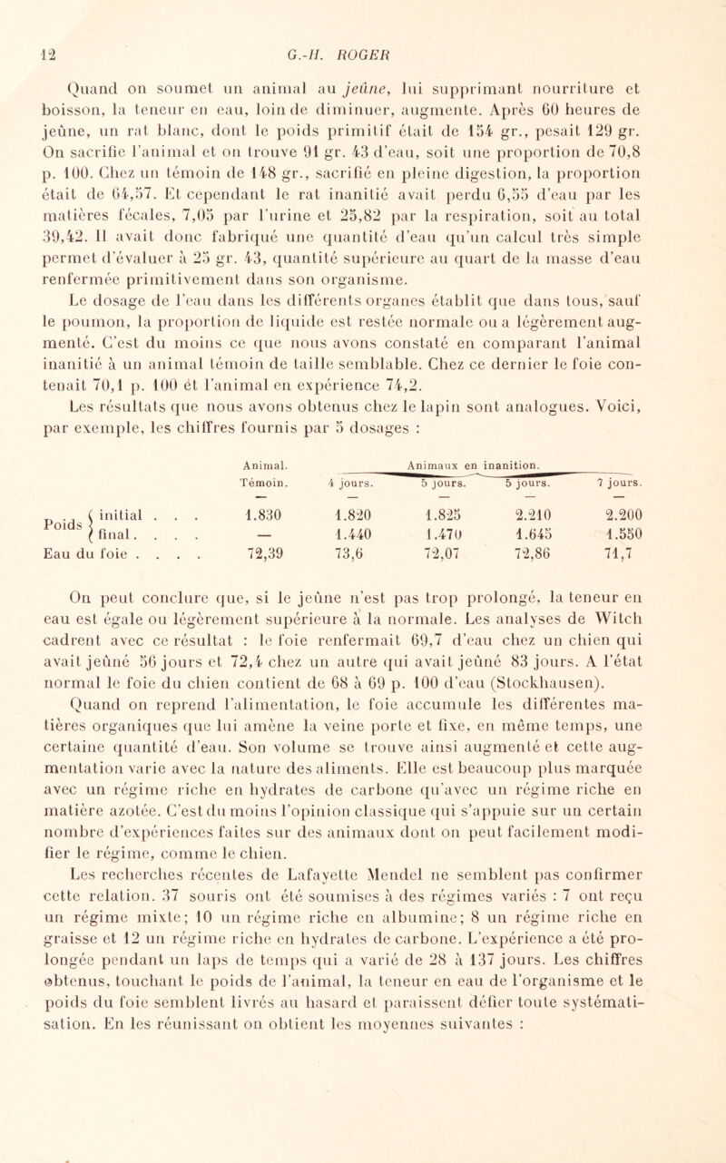 Quand on soumet un animal au jeûne, lui supprimant nourriture et boisson, la teneur eu eau, loin de diminuer, augmente. Après 60 heures de jeûne, un rat blanc, dont le poids primitif était de 154 gr., pesait 129 gr. On sacrifie l’animal et on trouve 91 gr. 43 d’eau, soit une proportion de 70,8 p. 100. Chez un témoin de 148 gr., sacrifié en pleine digestion, la proportion était de 04,57. Et cependant le rat inanitié avait perdu 6,55 d’eau par les matières fécales, 7,05 par l’urine et 25,82 par la respiration, soit au total 39,42. 11 avait donc fabriqué une quantité d’eau qu’un calcul très simple permet d’évaluer à 25 gr. 43, quantité supérieure au quart de la masse d’eau renfermée primitivement dans son organisme. Le dosage de l’eau dans les différents organes établit que dans tous, sauf le poumon, la proportion de liquide est restée normale ou a légèrement aug¬ menté. C’est du moins ce que nous avons constaté en comparant l’animal inanitié à un animal témoin de taille semblable. Chez ce dernier le foie con¬ tenait 70,1 p. 100 et l’animal en expérience 74,2. Les résultats que nous avons obtenus chez le lapin sont analogues. Voici, par exemple, les chiffres fournis par 5 dosages : Animal. Témoin. 4 jours. Animaux en 5 jours. inanition. 5 jours. 7 jours. r . , ( initial . 1.830 1.820 1.825 2.210 2.200 Poids < _ ( final.... 1.440 1.470 1.645 1,550 Eau du foie .... 72,39 73,6 72,07 72,86 71,7 On peut conclure que, si le jeûne n’est pas trop prolongé, la teneur en eau est égale ou légèrement supérieure à la normale. Les analyses de Witch cadrent avec ce résultat : le foie renfermait 69,7 d’eau chez un chien qui avait jeûné 56 jours et 72,4 chez un autre qui avait jeûné 83 jours. A l’état normal le foie du chien contient de 68 à 69 p. 100 d’eau (Stockhausen). Quand on reprend l’alimentation, le foie accumule les dilférentes ma¬ tières organiques que lui amène la veine porte et fixe, en même temps, une certaine quantité d’eau. Son volume se trouve ainsi augmenté et cette aug¬ mentation varie avec la nature des aliments. Elle est beaucoup plus marquée avec un régime riche en hydrates de carbone qu’avec un régime riche en matière azotée. C’est du moins l’opinion classique qui s’appuie sur un certain nombre d’expériences faites sur des animaux dont on peut facilement modi¬ fier le régime, comme le chien. Les recherches récentes de Lafayette Mendel ne semblent pas confirmer cette relation. 37 souris ont été soumises à des régimes variés : 7 ont reçu un régime mixte; 10 un régime riche en albumine; 8 un régime riche en graisse et 12 un régime riche en hydrates de carbone. L’expérience a été pro¬ longée pendant un laps de temps qui a varié de 28 à 137 jours. Les chiffres obtenus, touchant le poids de l’animal, la teneur en eau de l’organisme et le poids du foie semblent livrés au hasard et paraissent défier toute systémati¬ sation. En les réunissant on obtient les moyennes suivantes :