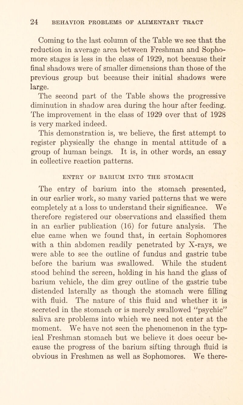 Coming to the last column of the Table we see that the reduction in average area between Freshman and Sopho¬ more stages is less in the class of 1929, not because their final shadows were of smaller dimensions than those of the previous group but because their initial shadows were large. The second part of the Table shows the progressive diminution in shadow area during the hour after feeding. The improvement in the class of 1929 over that of 1928 is very marked indeed. This demonstration is, we believe, the first attempt to register physically the change in mental attitude of a group of human beings. It is, in other words, an essay in collective reaction patterns. ENTRY OF BARIUM INTO THE STOMACH The entry of barium into the stomach presented, in our earlier work, so many varied patterns that we were completely at a loss to understand their significance. We therefore registered our observations and classified them in an earlier publication (16) for future analysis. The clue came when we found that, in certain Sophomores with a thin abdomen readily penetrated by X-rays, we were able to see the outline of fundus and gastric tube before the barium was swallowed. While the student stood behind the screen, holding in his hand the glass of barium vehicle, the dim grey outline of the gastric tube distended laterally as though the stomach were filling with fluid. The nature of this fluid and whether it is secreted in the stomach or is merely swallowed “psychic” saliva are problems into which we need not enter at the moment. We have not seen the phenomenon in the typ¬ ical Freshman stomach but we believe it does occur be¬ cause the progress of the barium sifting through fluid is obvious in Freshmen as well as Sophomores. We there-