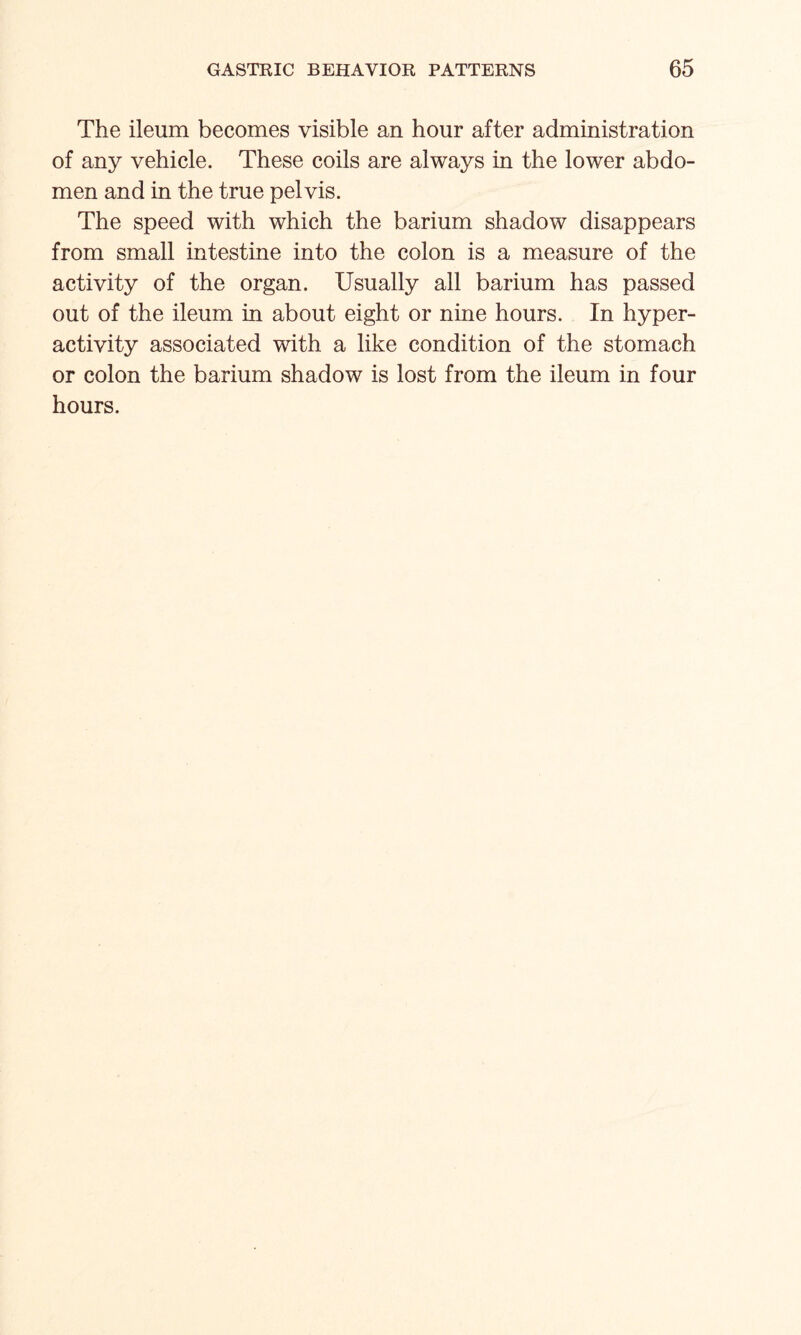 The ileum becomes visible an hour after administration of any vehicle. These coils are always in the lower abdo¬ men and in the true pelvis. The speed with which the barium shadow disappears from small intestine into the colon is a measure of the activity of the organ. Usually all barium has passed out of the ileum in about eight or nine hours. In hyper¬ activity associated with a like condition of the stomach or colon the barium shadow is lost from the ileum in four hours.